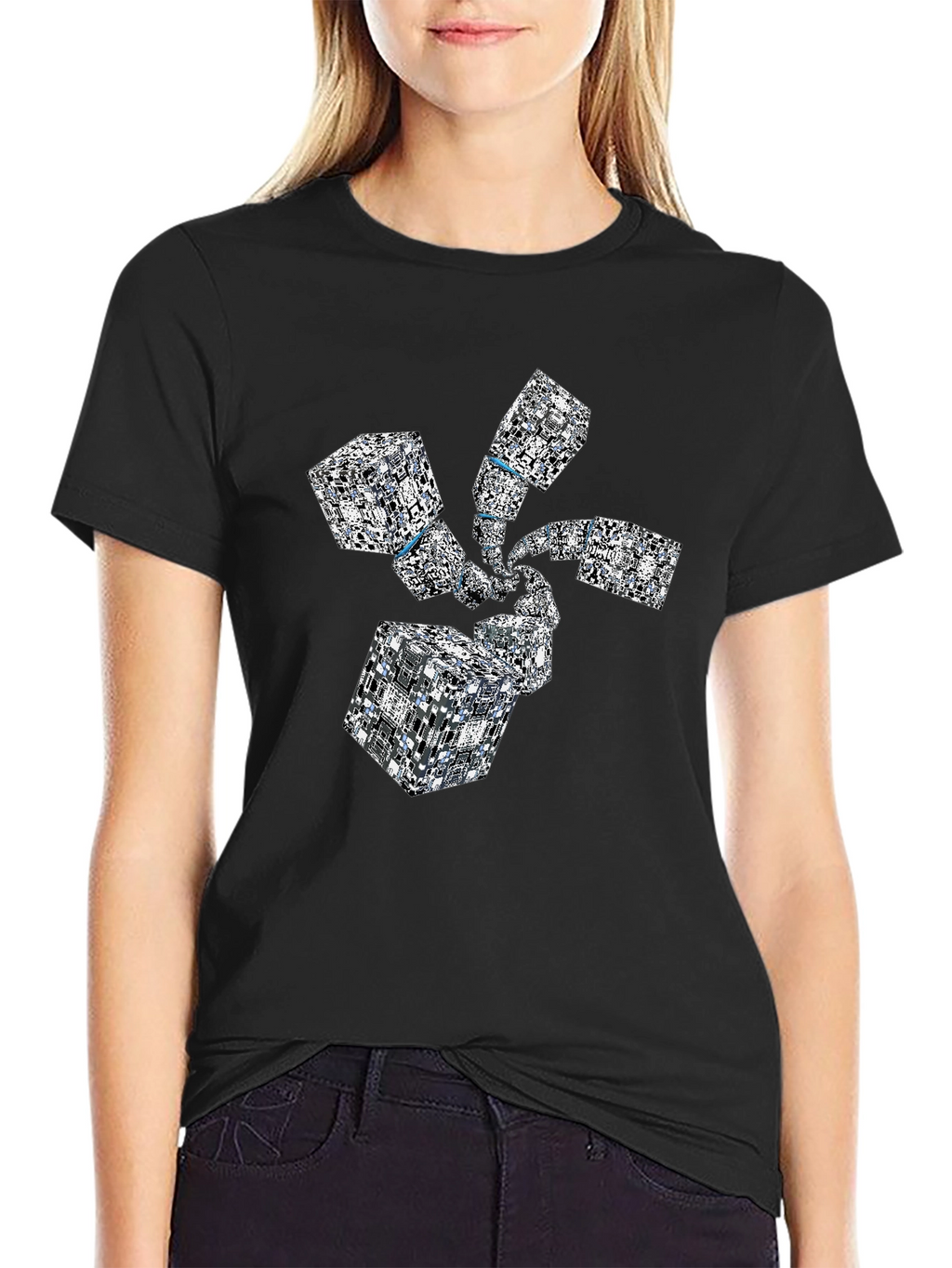 Abstract Geometric Cube Spiral Black T-Shirt
