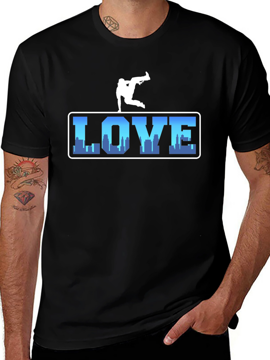 Urban Love Tee: Breakdance Skyline Graphic T-Shirt