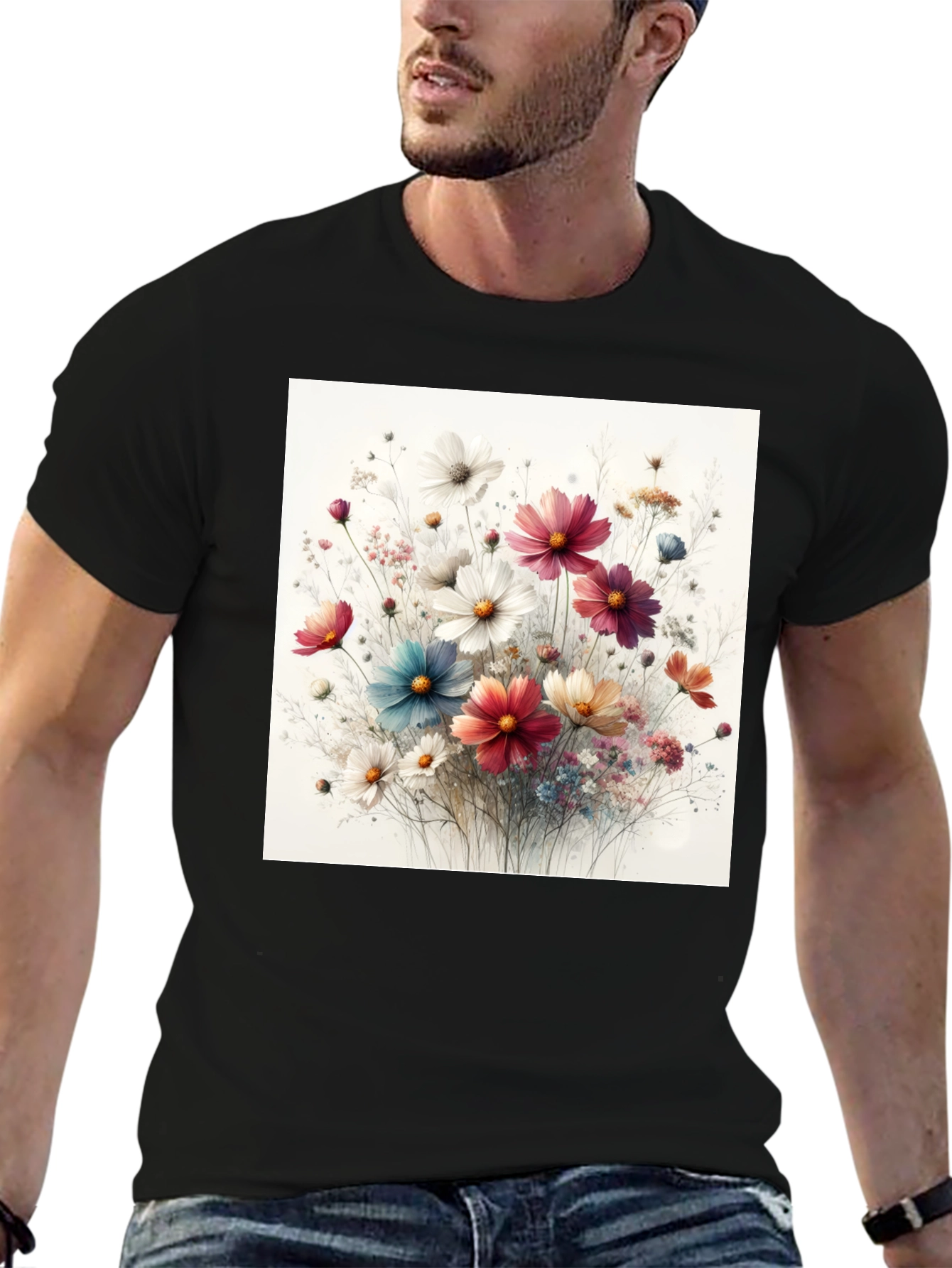 Floral Print Black T-Shirt for Men