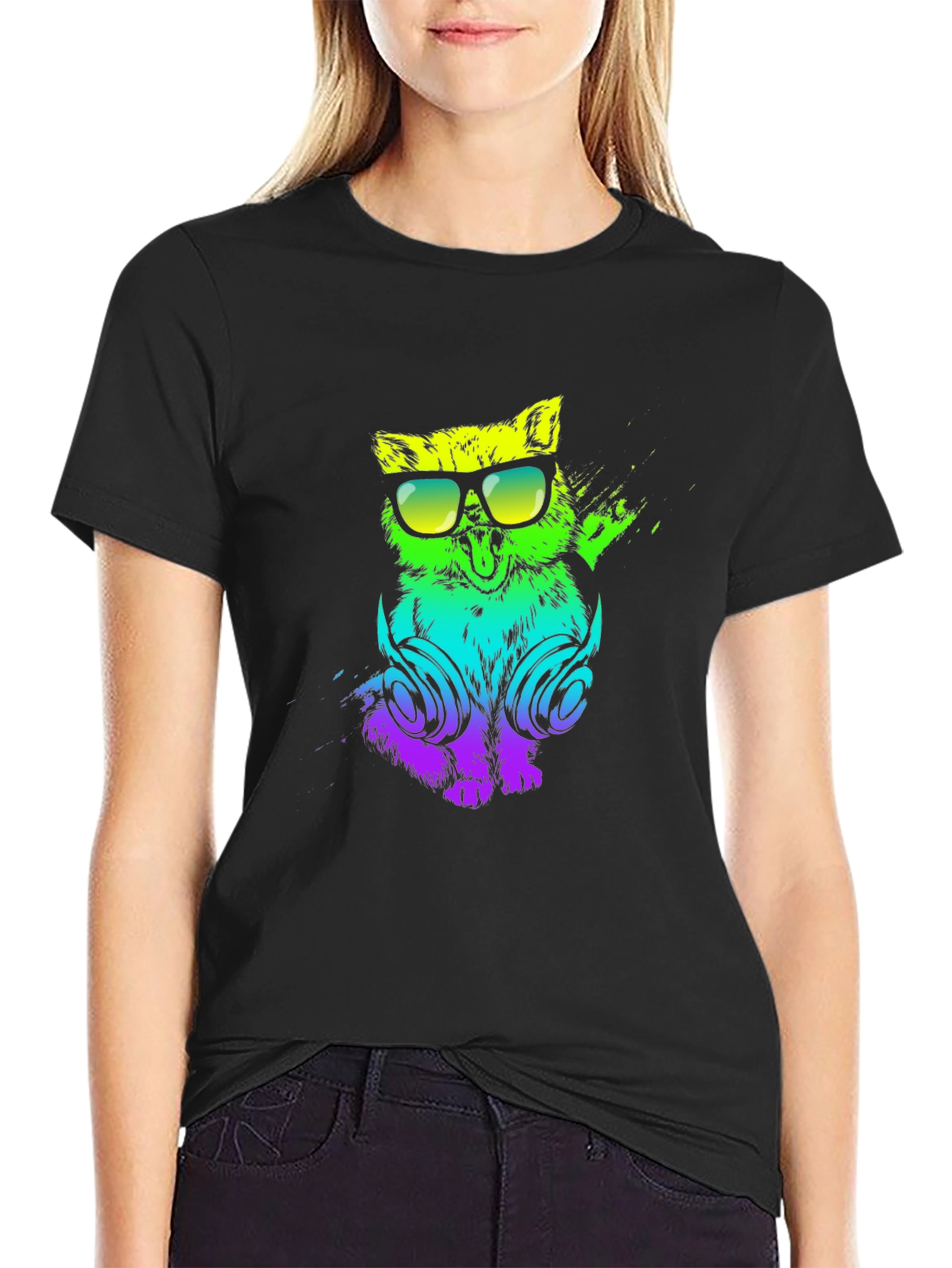 Cool Cat DJ Graphic Tee - Black Cotton T-Shirt