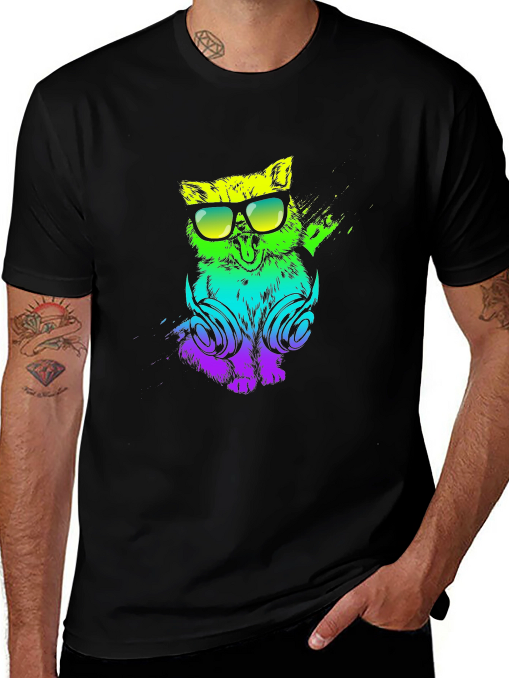 Cool Cat DJ Graphic Tee - Black Cotton T-Shirt
