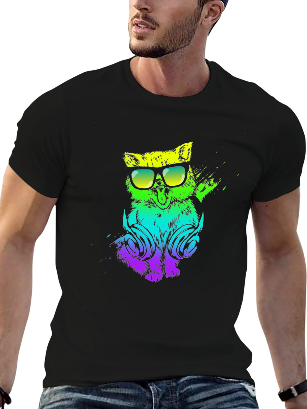 Cool Cat DJ Graphic Tee - Black Cotton T-Shirt