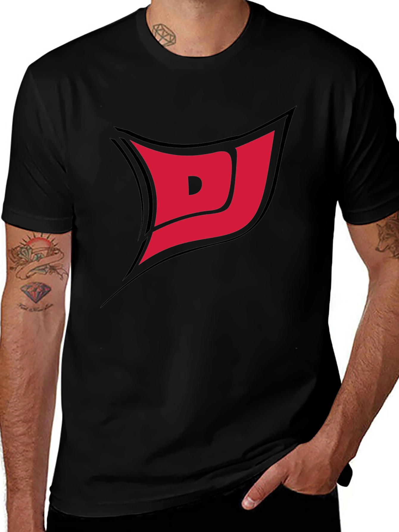 Black Tee with Red DJ Graphic Print
