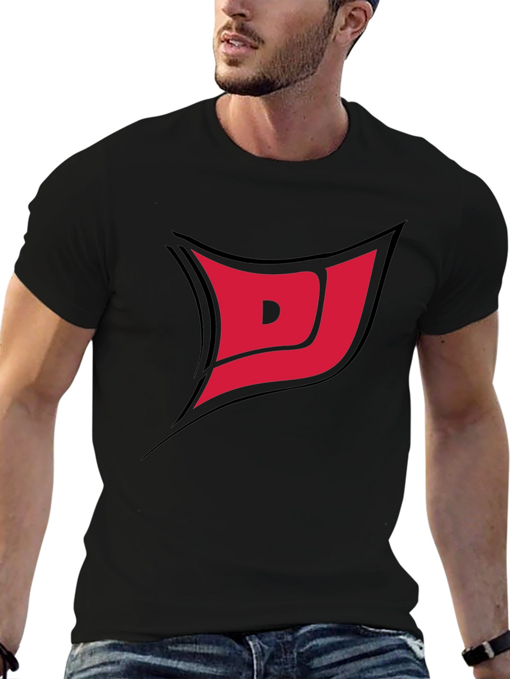 Black Tee with Red DJ Graphic Print