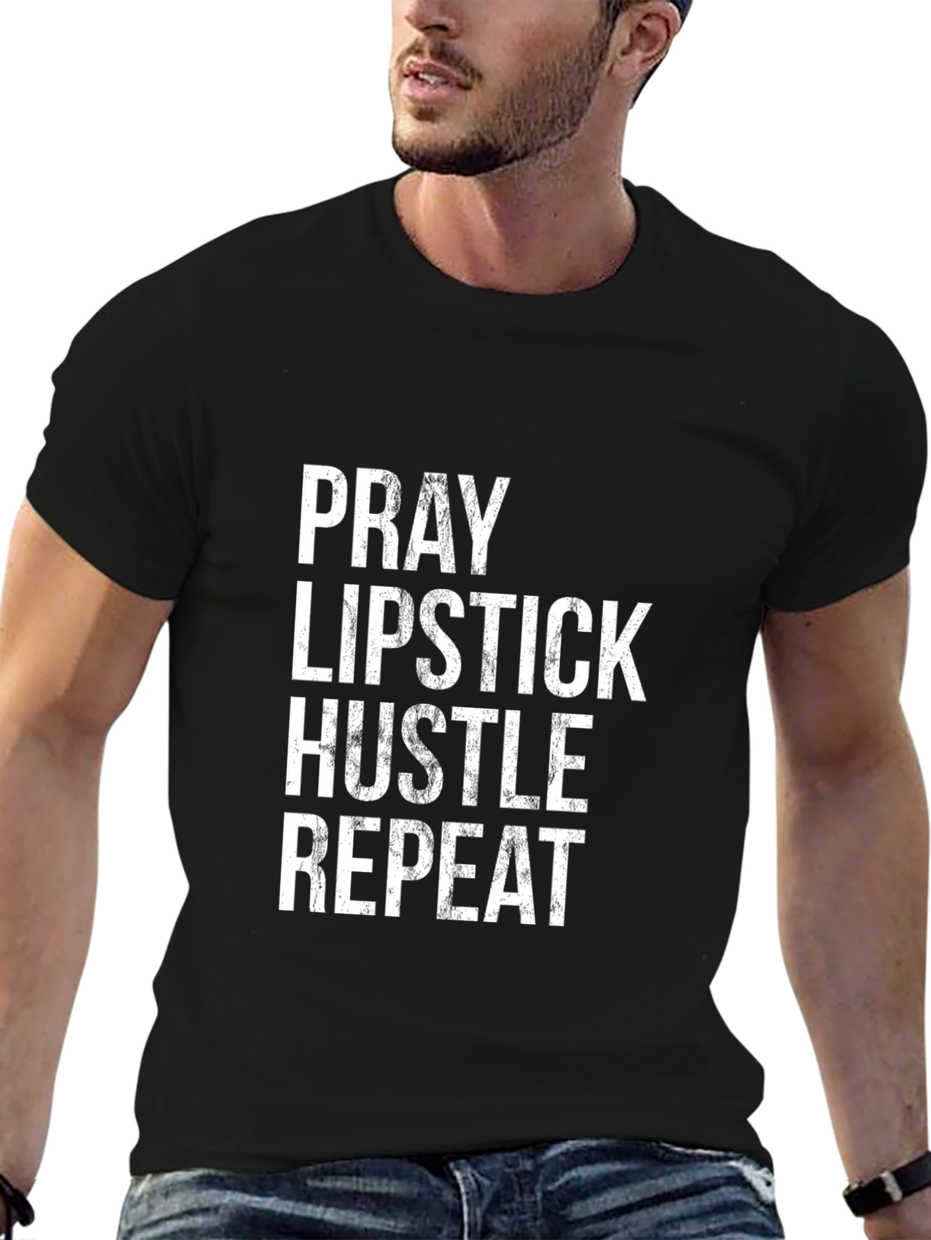 Pray Lipstick Hustle Repeat Black T-Shirt