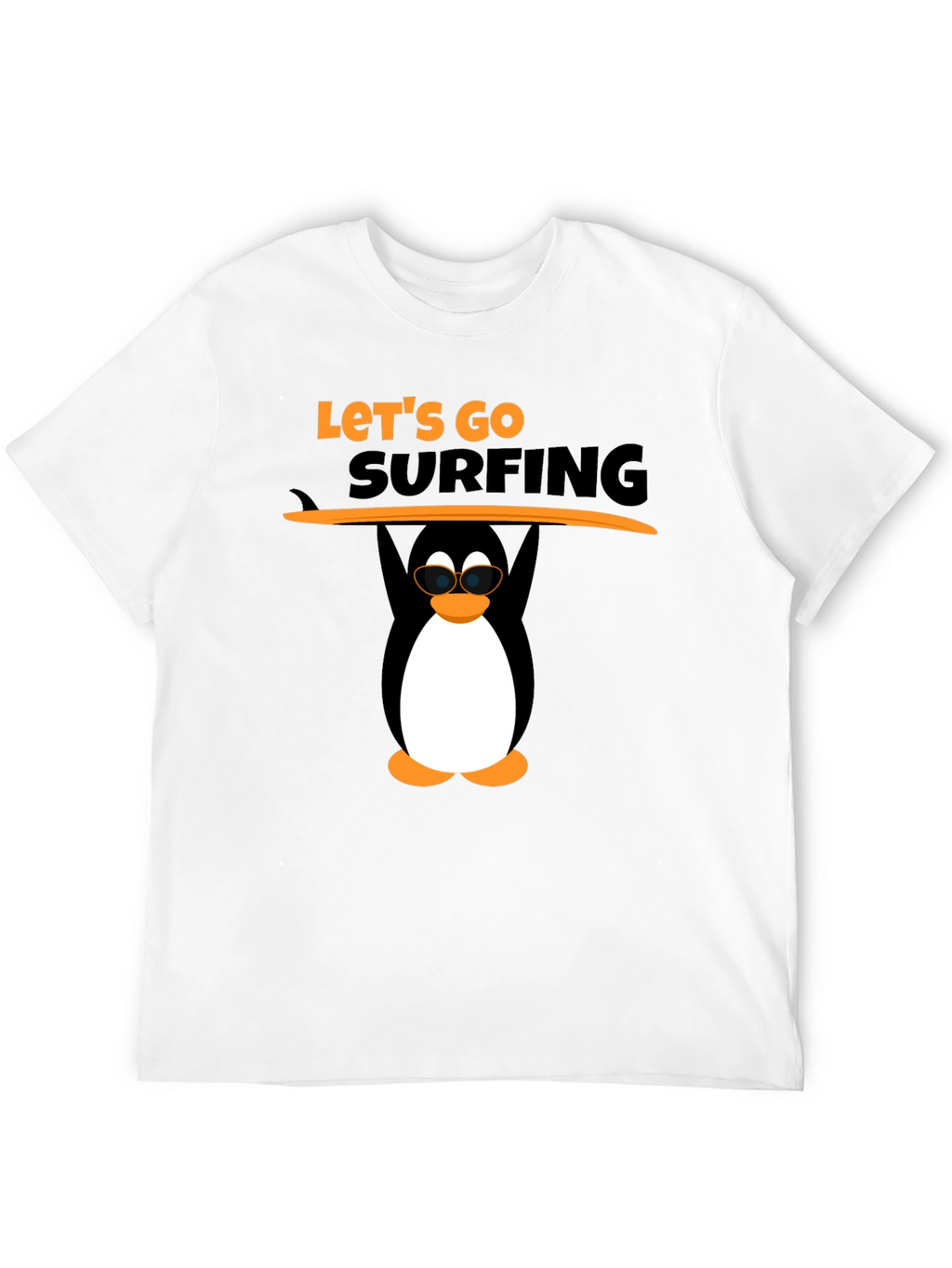 Lets Go Surfing Black T-Shirt with Penguin Graphic