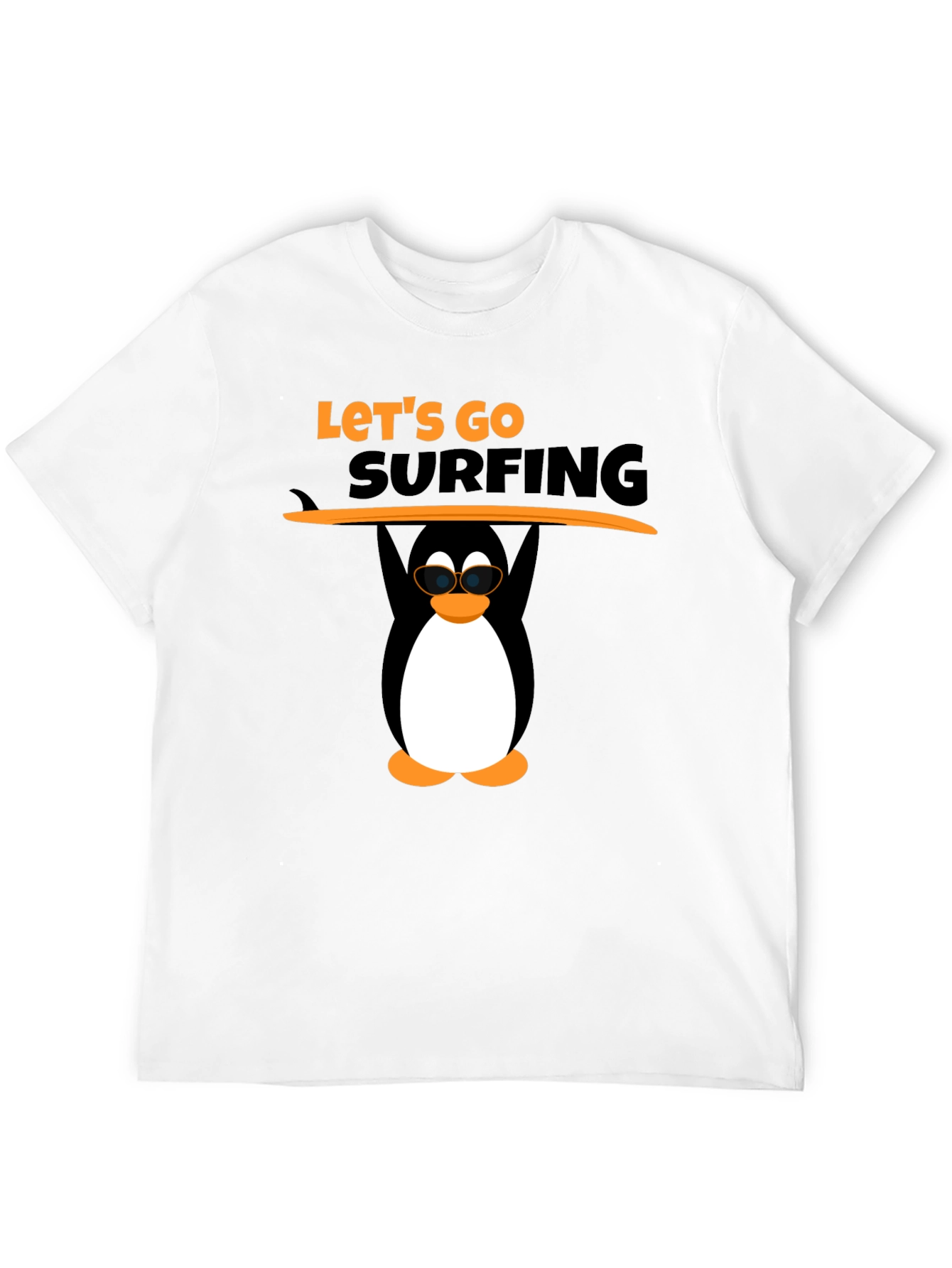 Lets Go Surfing Black T-Shirt with Penguin Graphic