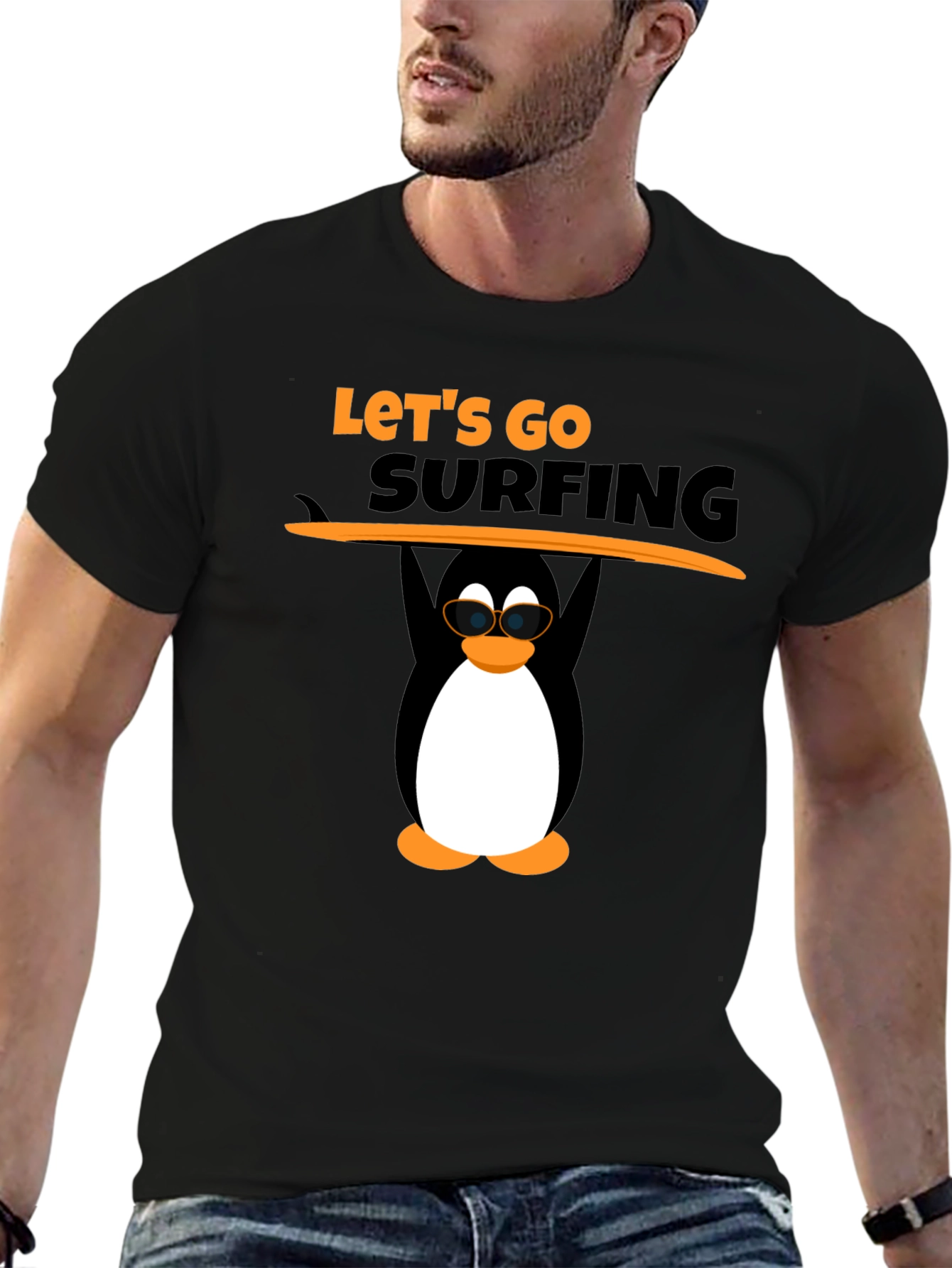 Lets Go Surfing Black T-Shirt with Penguin Graphic