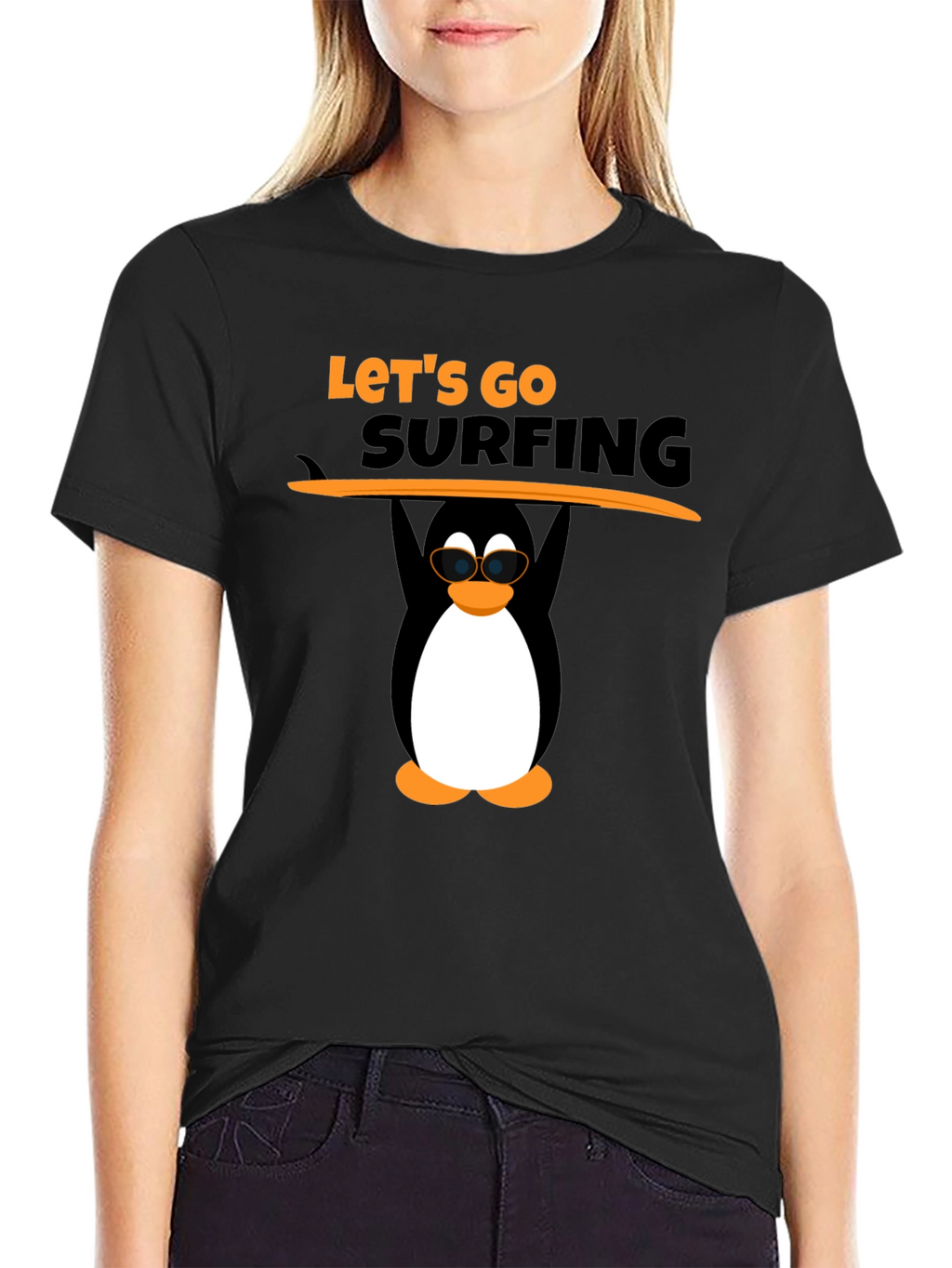 Lets Go Surfing Black T-Shirt with Penguin Graphic