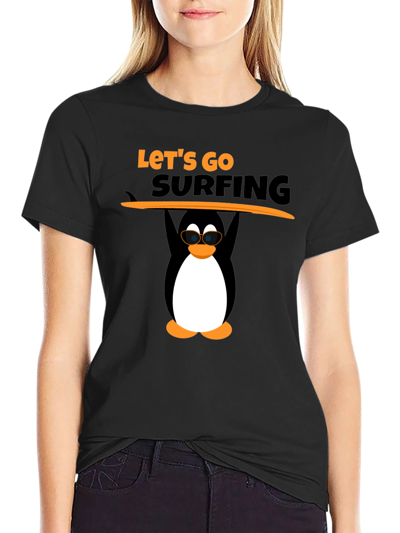 Lets Go Surfing Black T-Shirt with Penguin Graphic