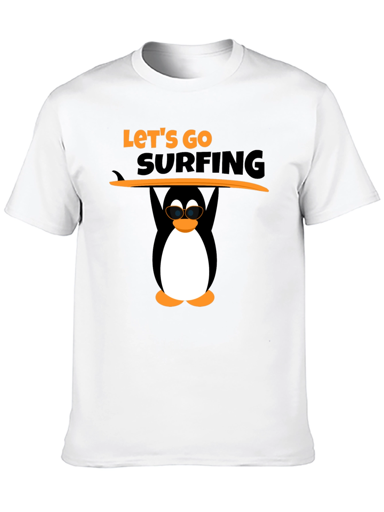 Lets Go Surfing Black T-Shirt with Penguin Graphic