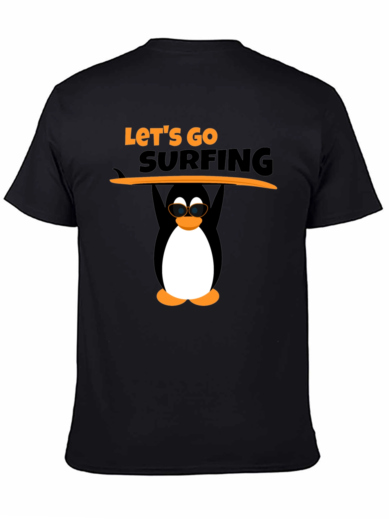 Lets Go Surfing Black T-Shirt with Penguin Graphic