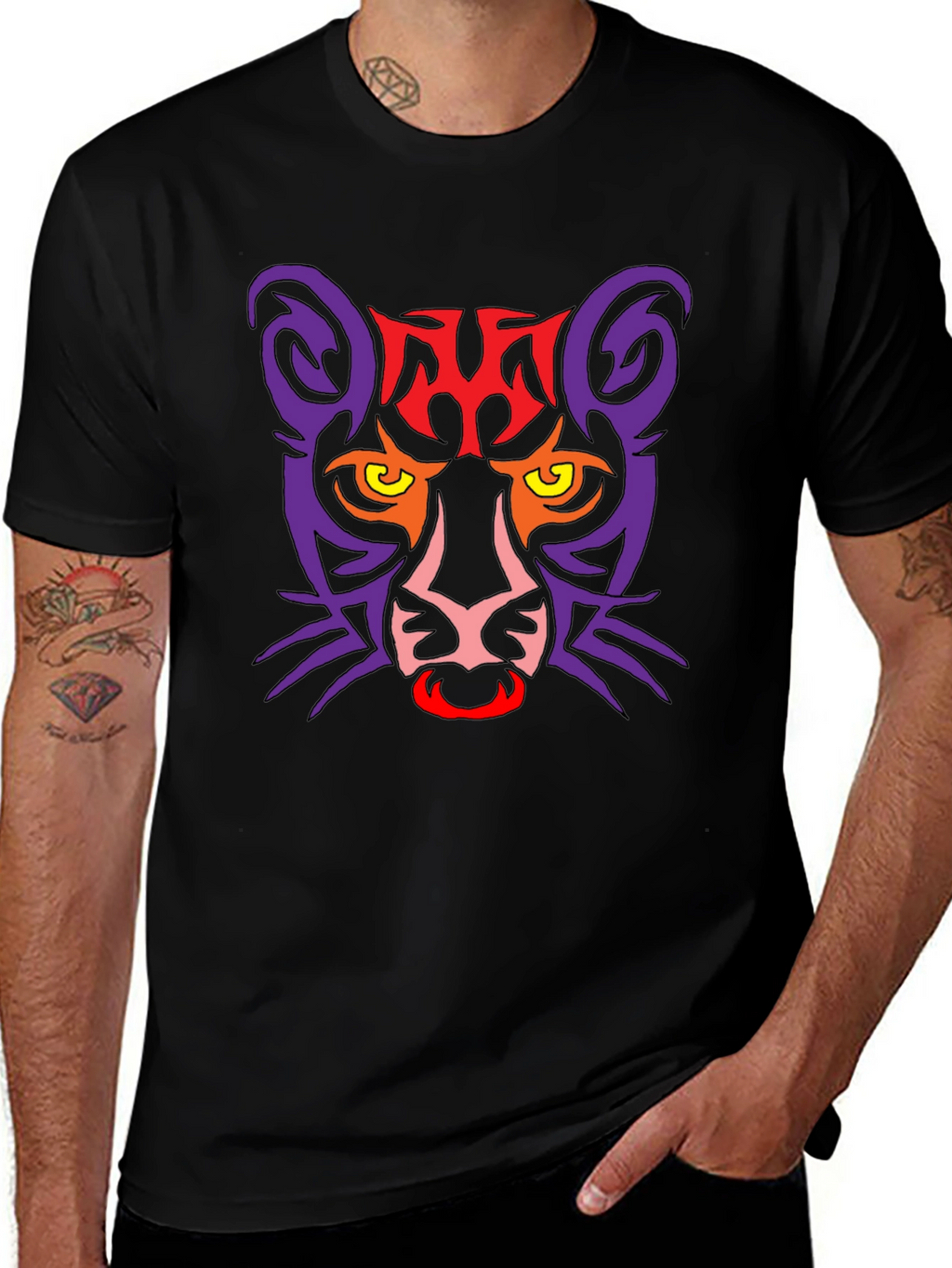Tribal Cat Graphic Black T-Shirt