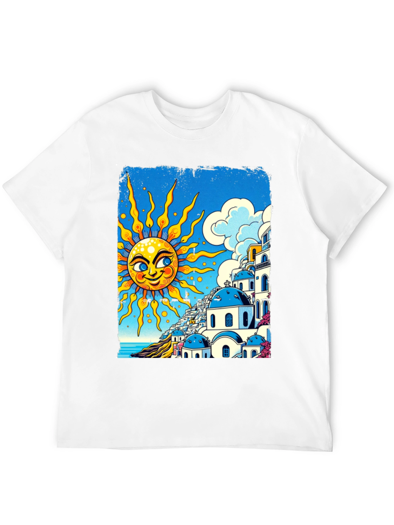 Santorini Sun Graphic Tee - Black Cotton T-Shirt