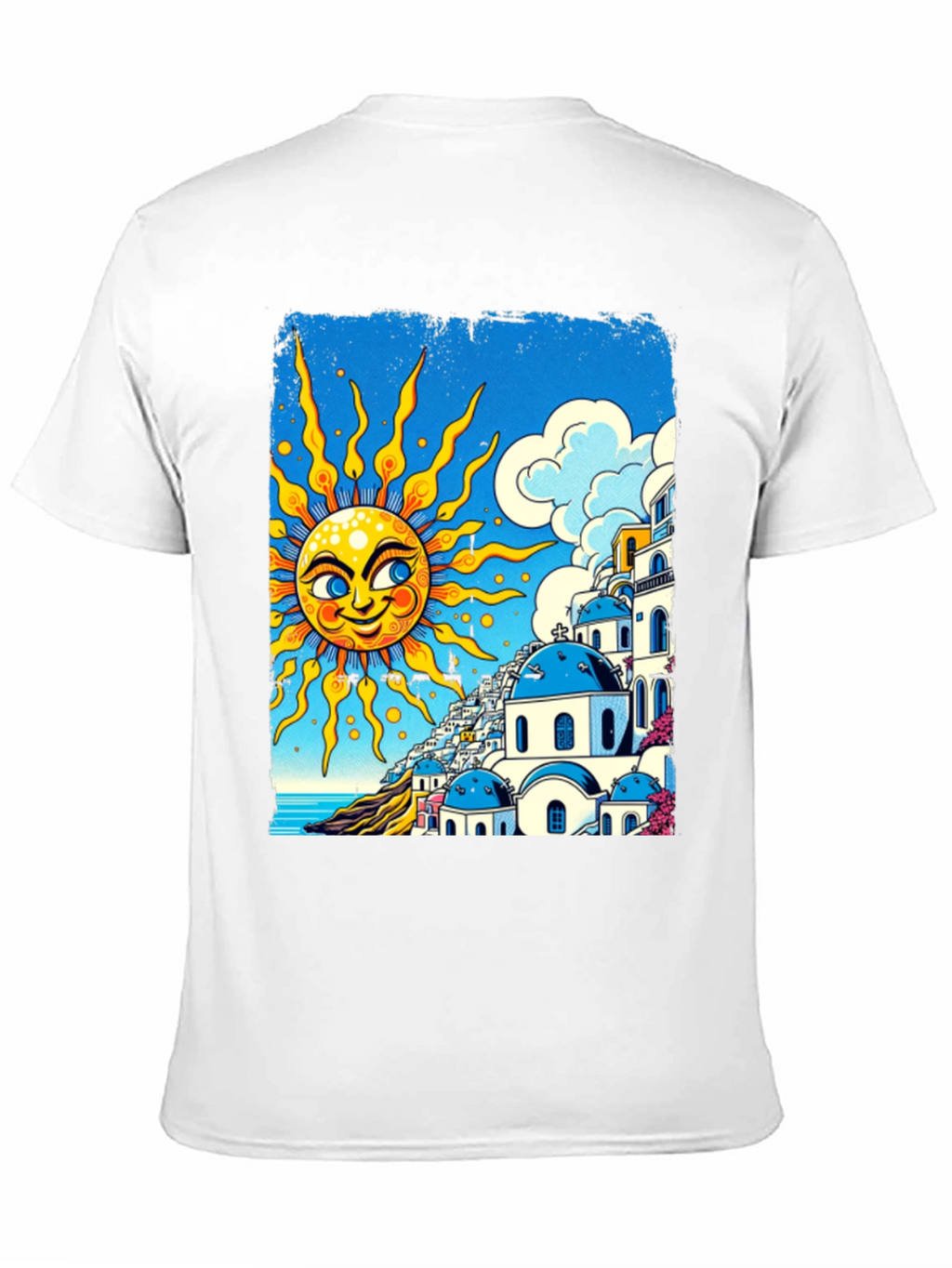 Santorini Sun Graphic Tee - Black Cotton T-Shirt