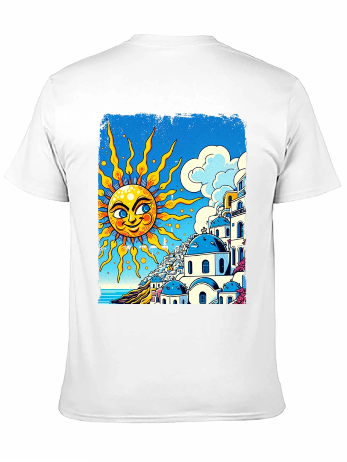 Santorini Sun Graphic Tee - Black Cotton T-Shirt
