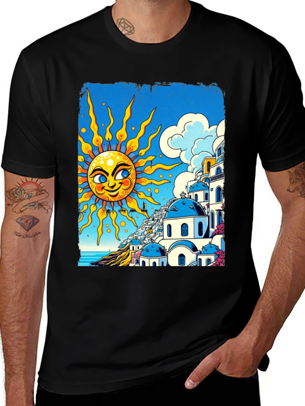 Santorini Sun Graphic Tee - Black Cotton T-Shirt