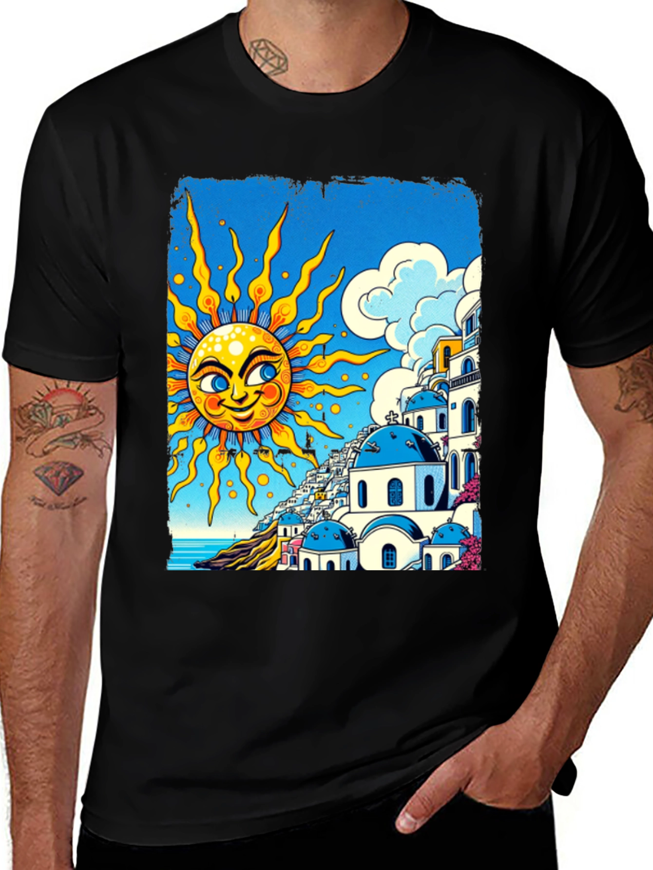 Santorini Sun Graphic Tee - Black Cotton T-Shirt
