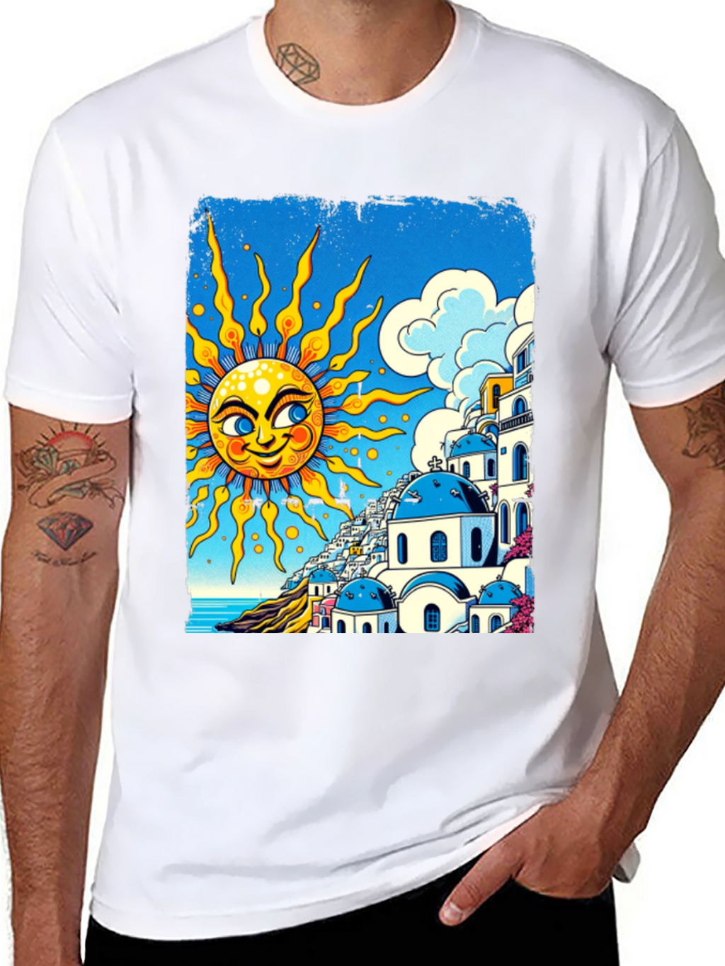 Santorini Sun Graphic Tee - Black Cotton T-Shirt