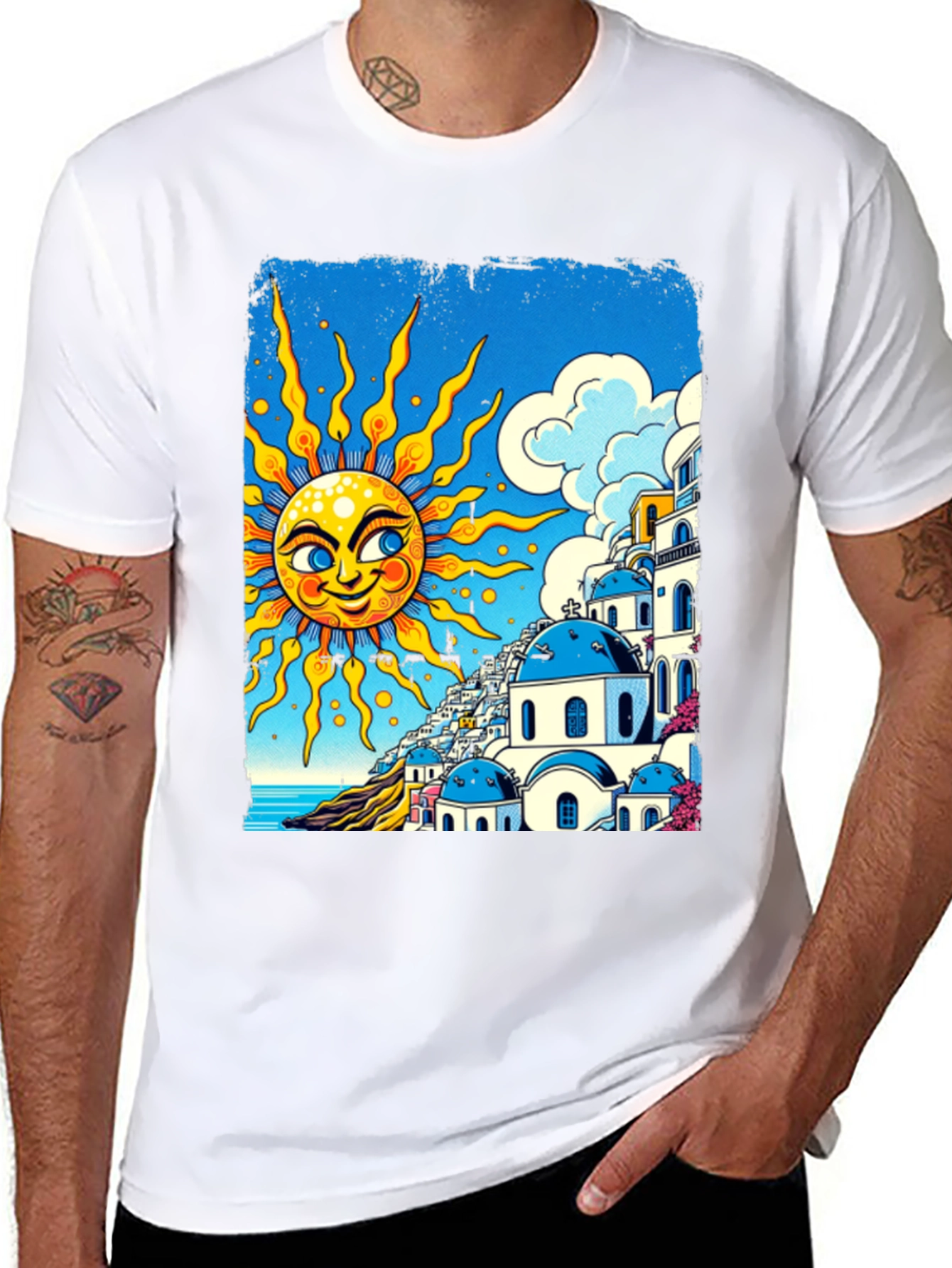 Santorini Sun Graphic Tee - Black Cotton T-Shirt