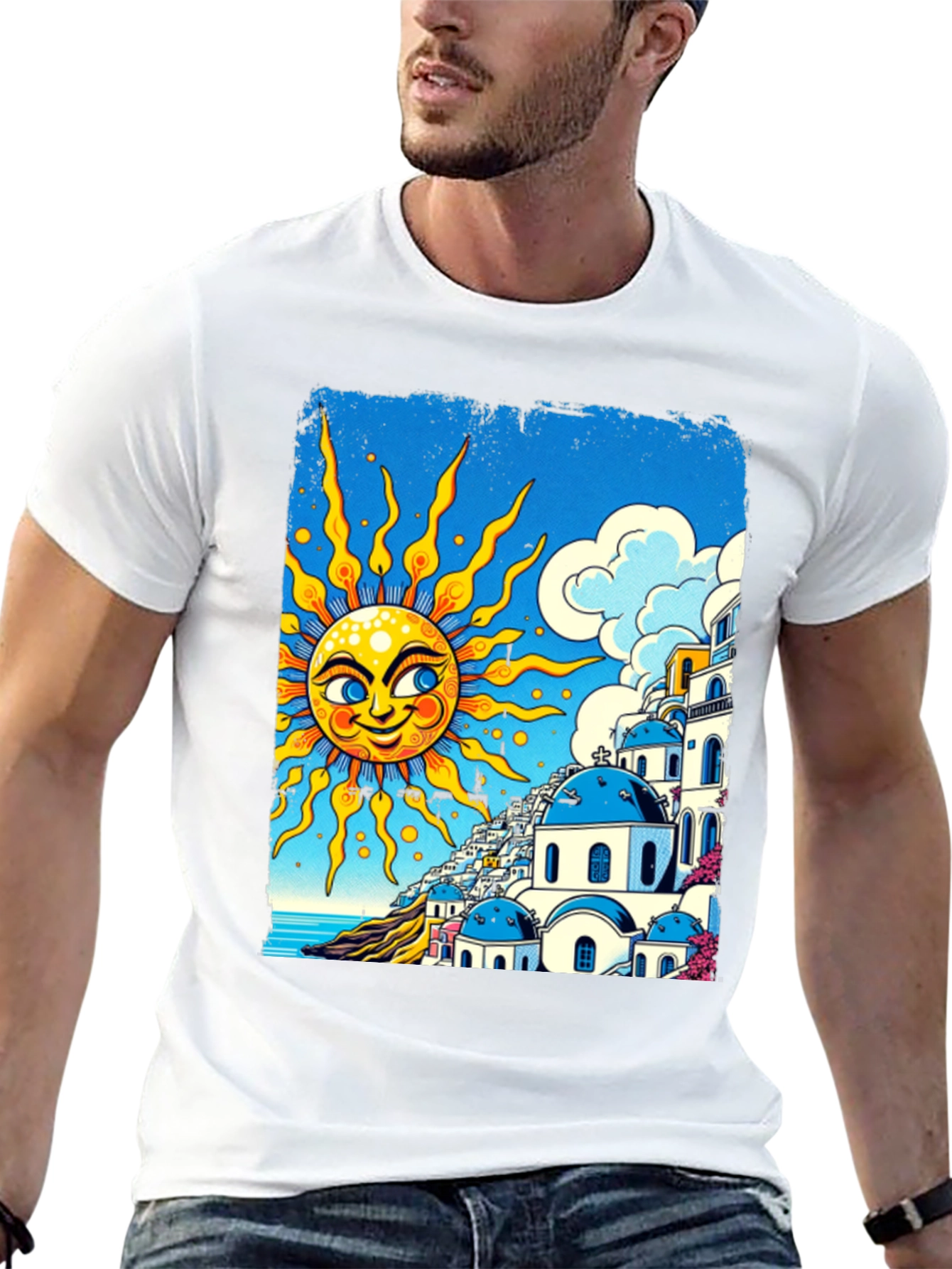 Santorini Sun Graphic Tee - Black Cotton T-Shirt