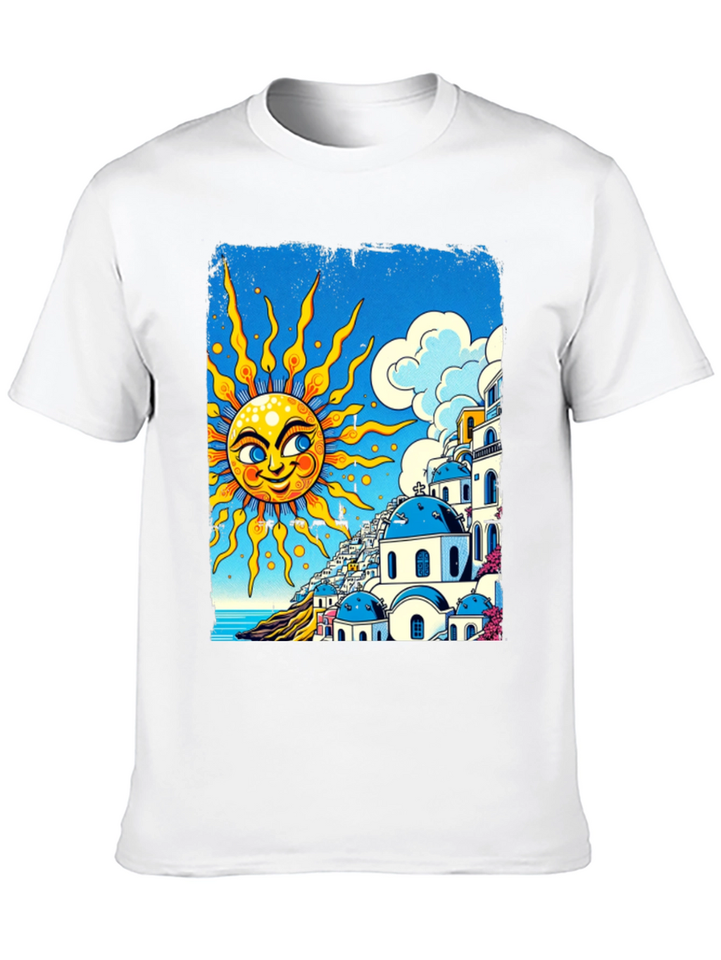 Santorini Sun Graphic Tee - Black Cotton T-Shirt