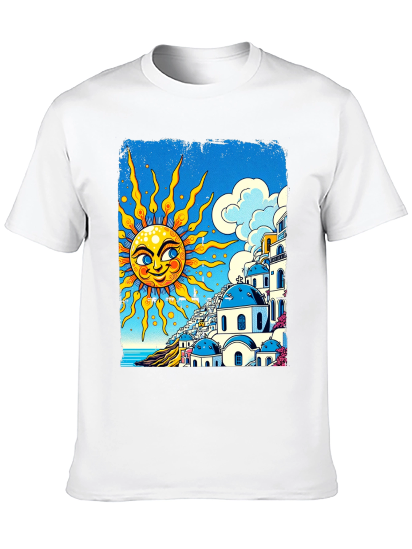 Santorini Sun Graphic Tee - Black Cotton T-Shirt
