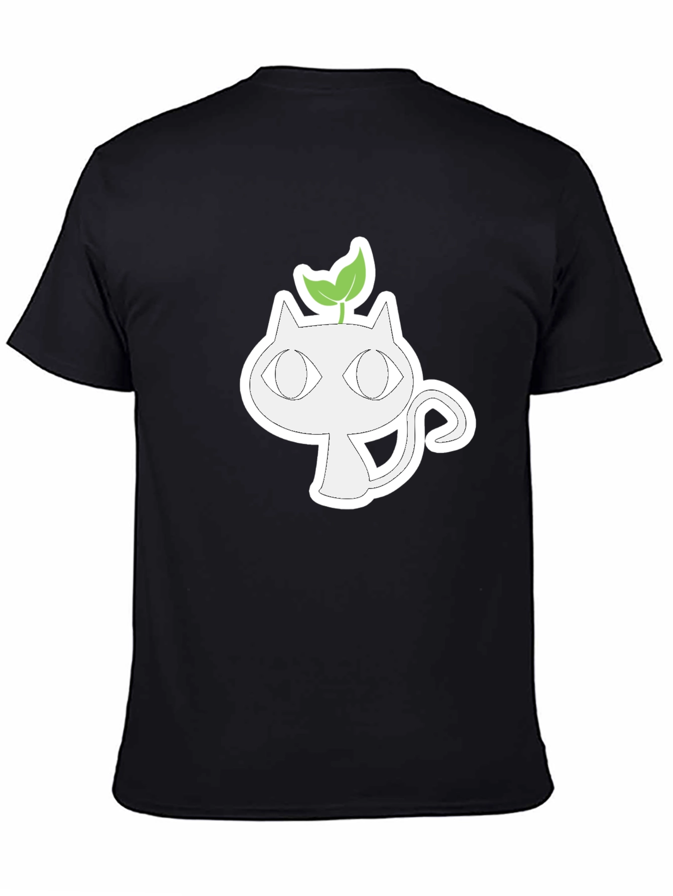 Whimsical Cat with Sprout Graphic Tee - Black