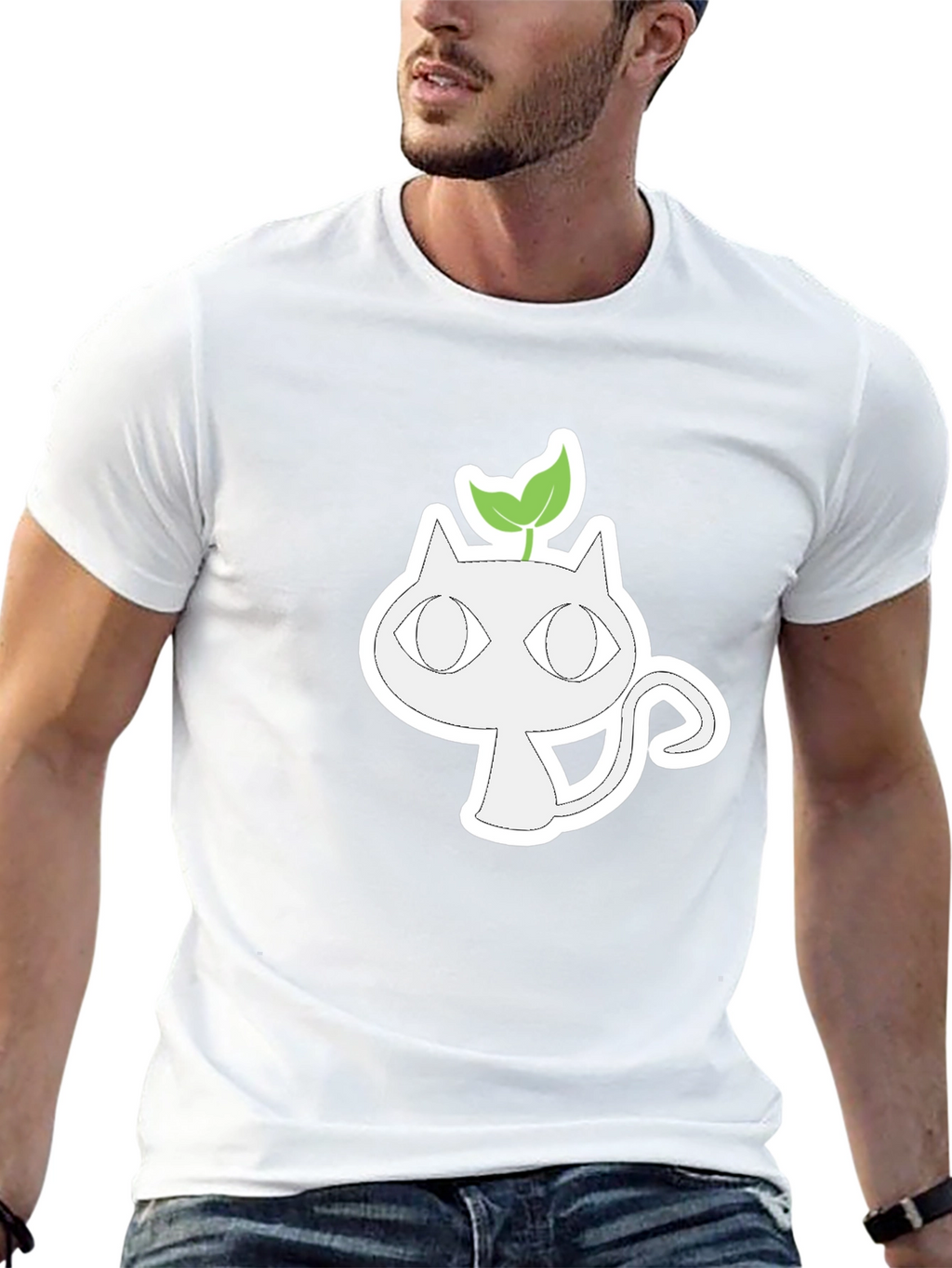 Whimsical Cat with Sprout Graphic Tee - Black