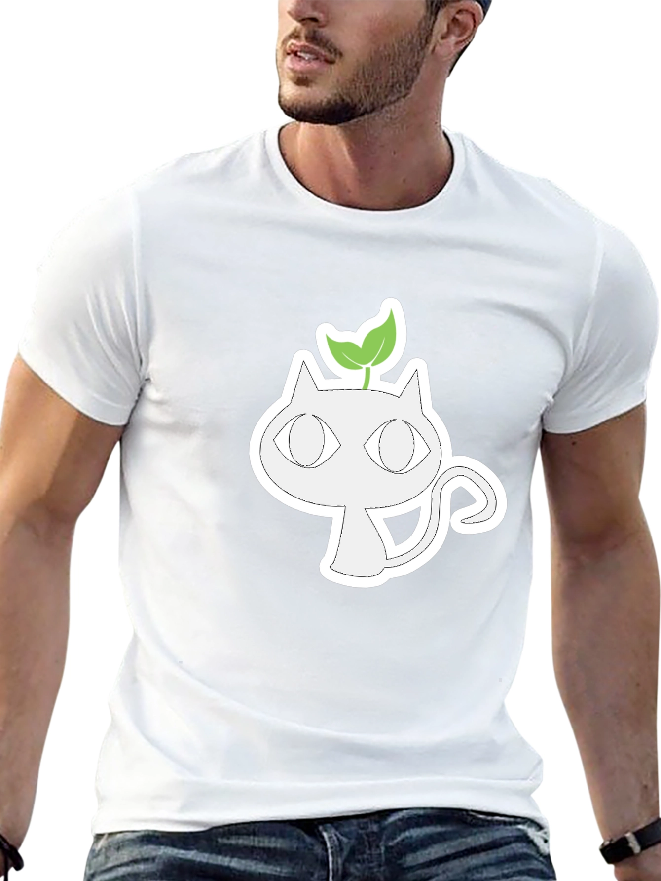 Whimsical Cat with Sprout Graphic Tee - Black