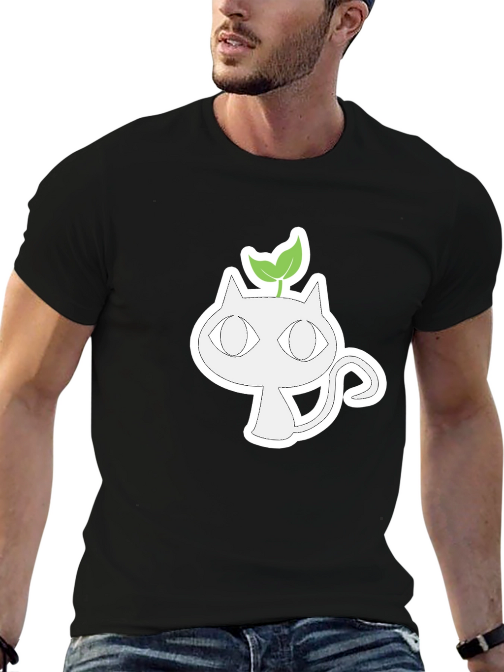 Whimsical Cat with Sprout Graphic Tee - Black