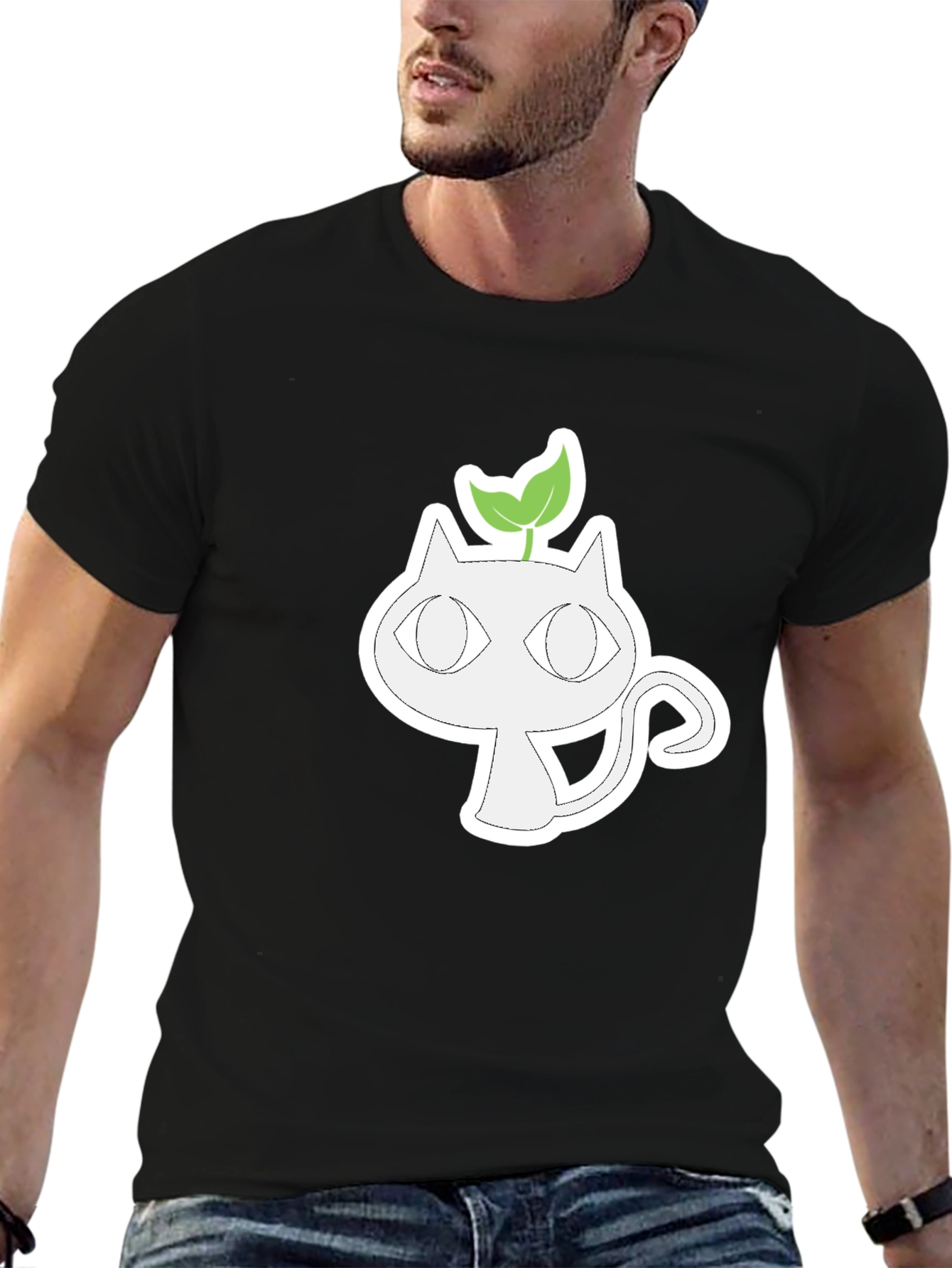 Whimsical Cat with Sprout Graphic Tee - Black