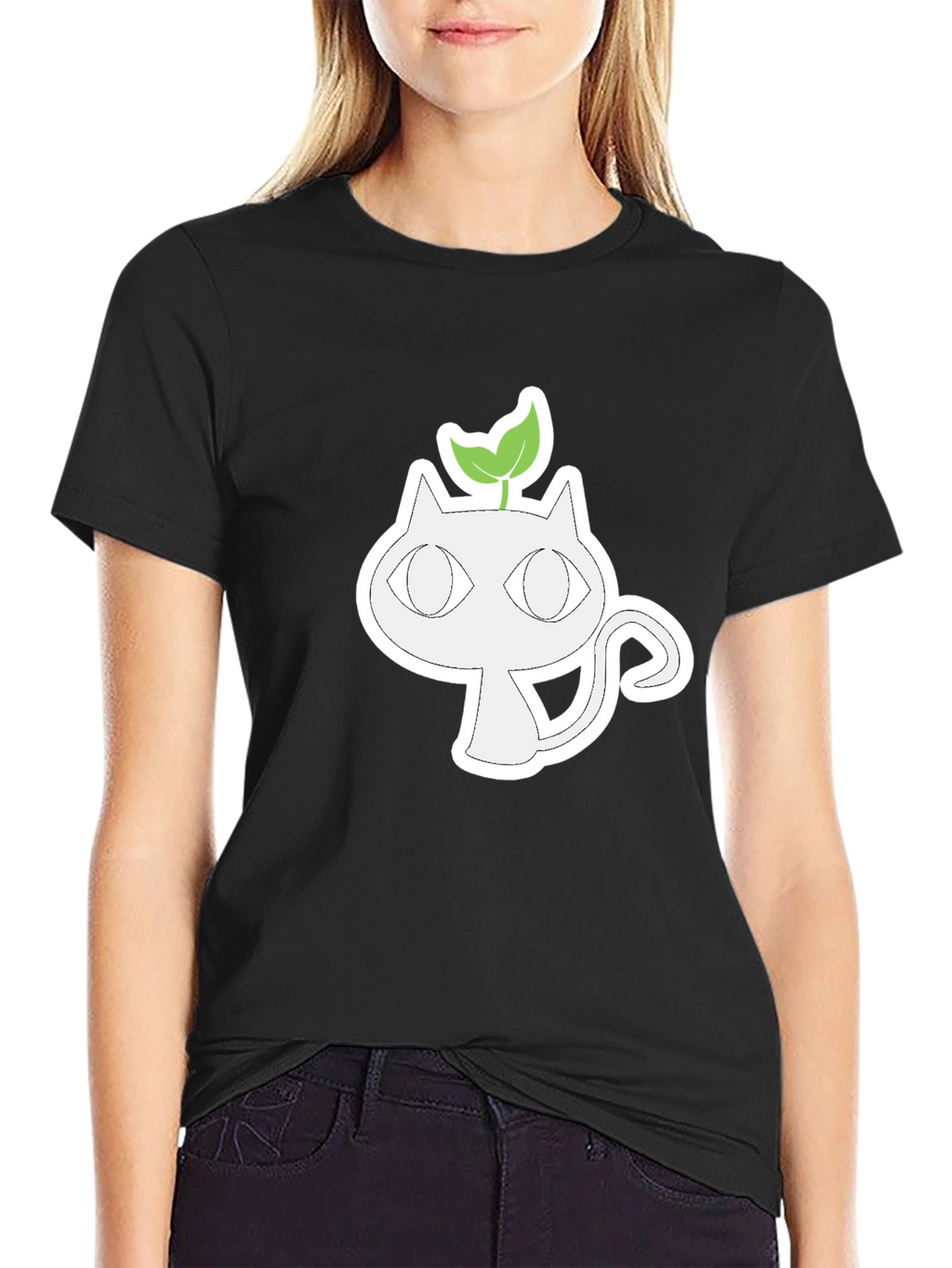 Whimsical Cat with Sprout Graphic Tee - Black