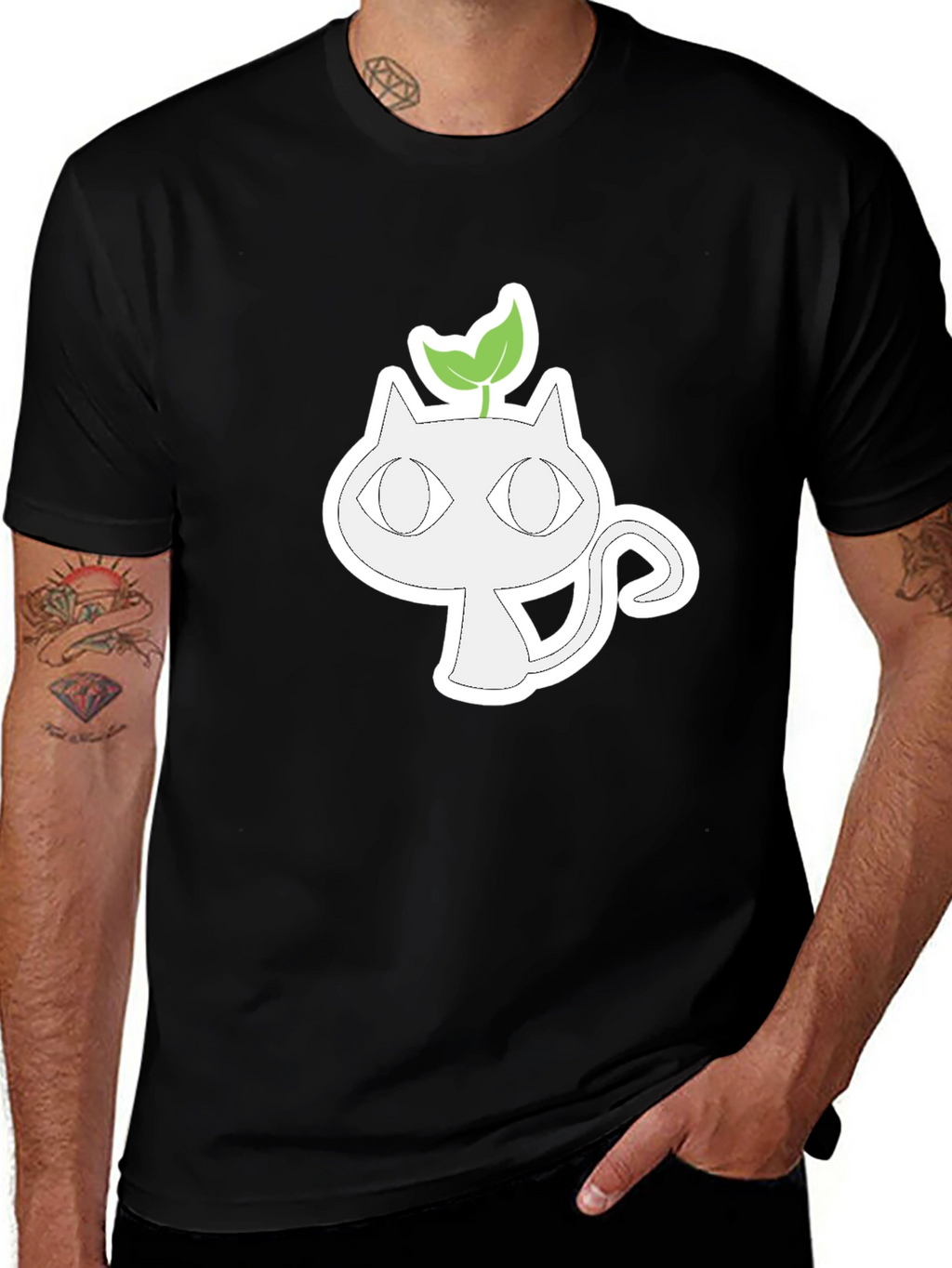 Whimsical Cat with Sprout Graphic Tee - Black