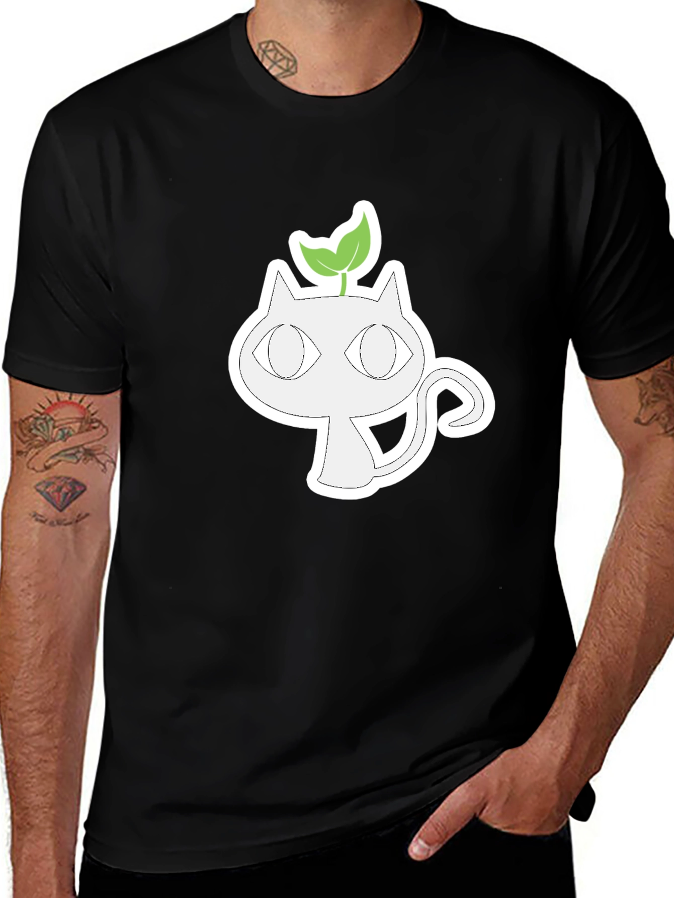 Whimsical Cat with Sprout Graphic Tee - Black