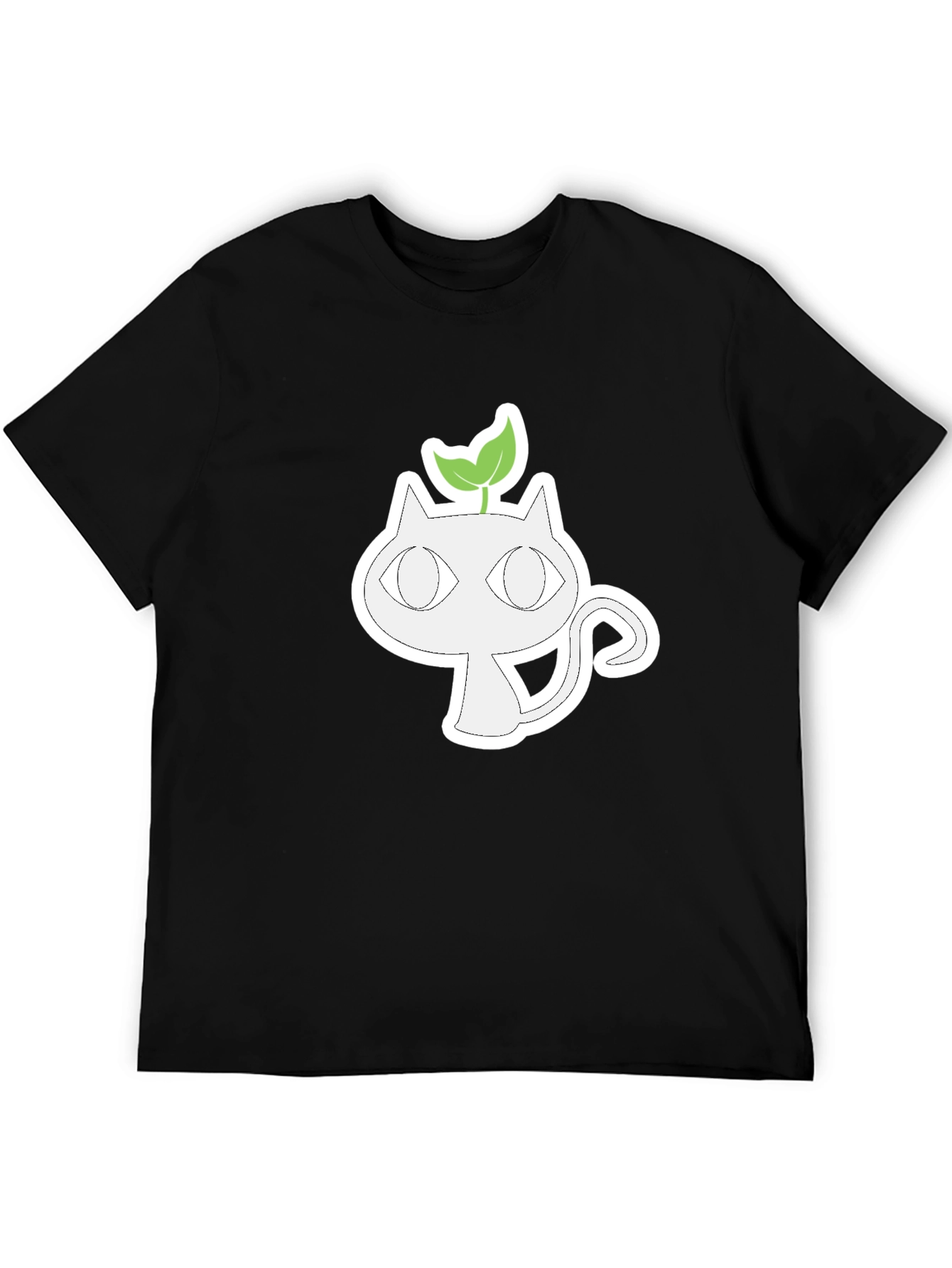 Whimsical Cat with Sprout Graphic Tee - Black