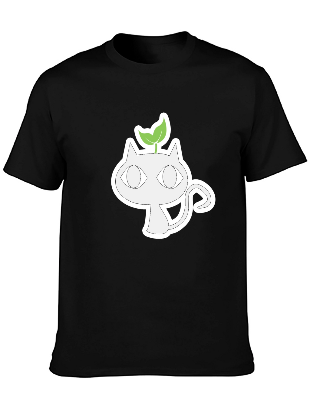 Whimsical Cat with Sprout Graphic Tee - Black