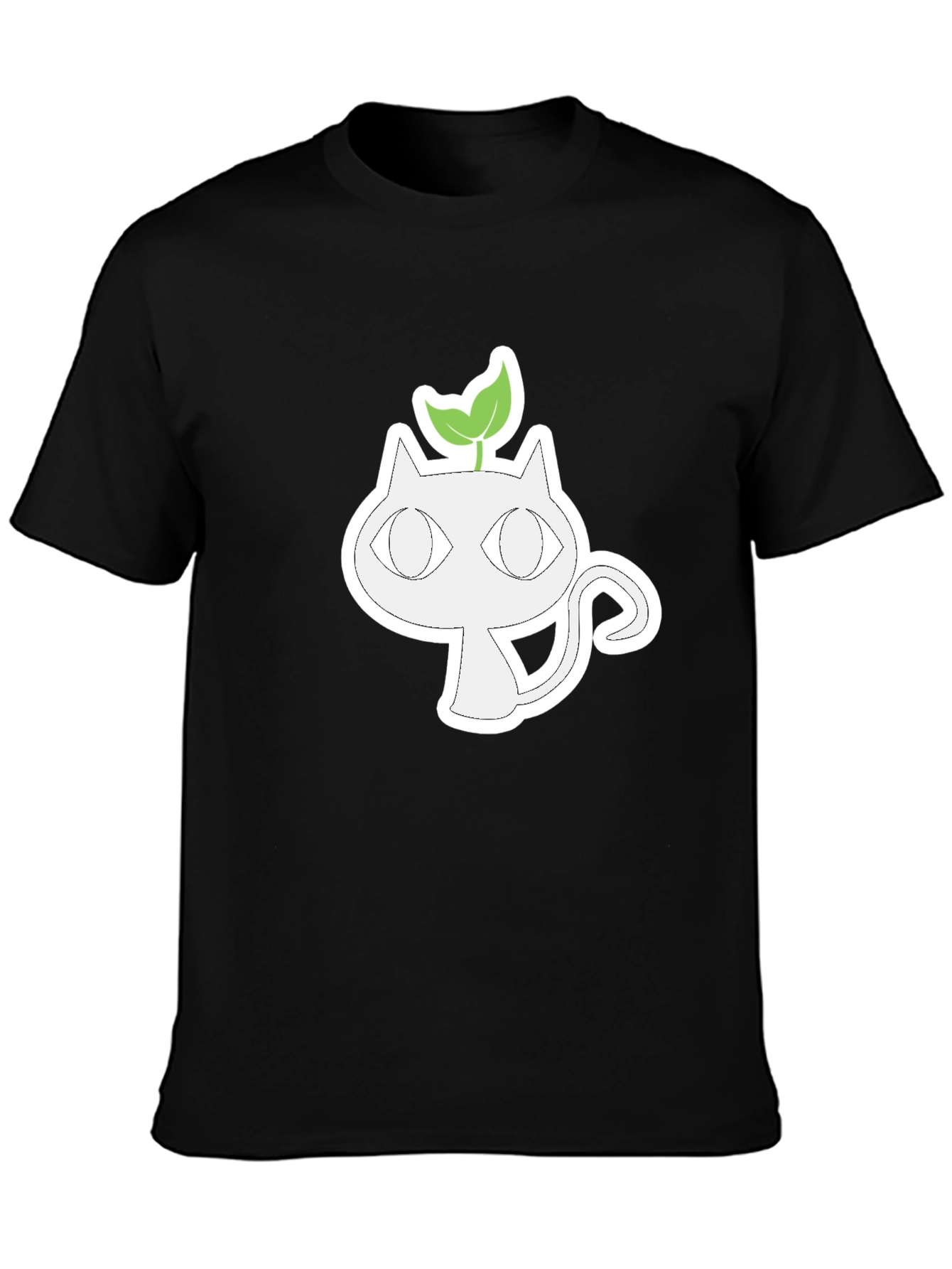Whimsical Cat with Sprout Graphic Tee - Black