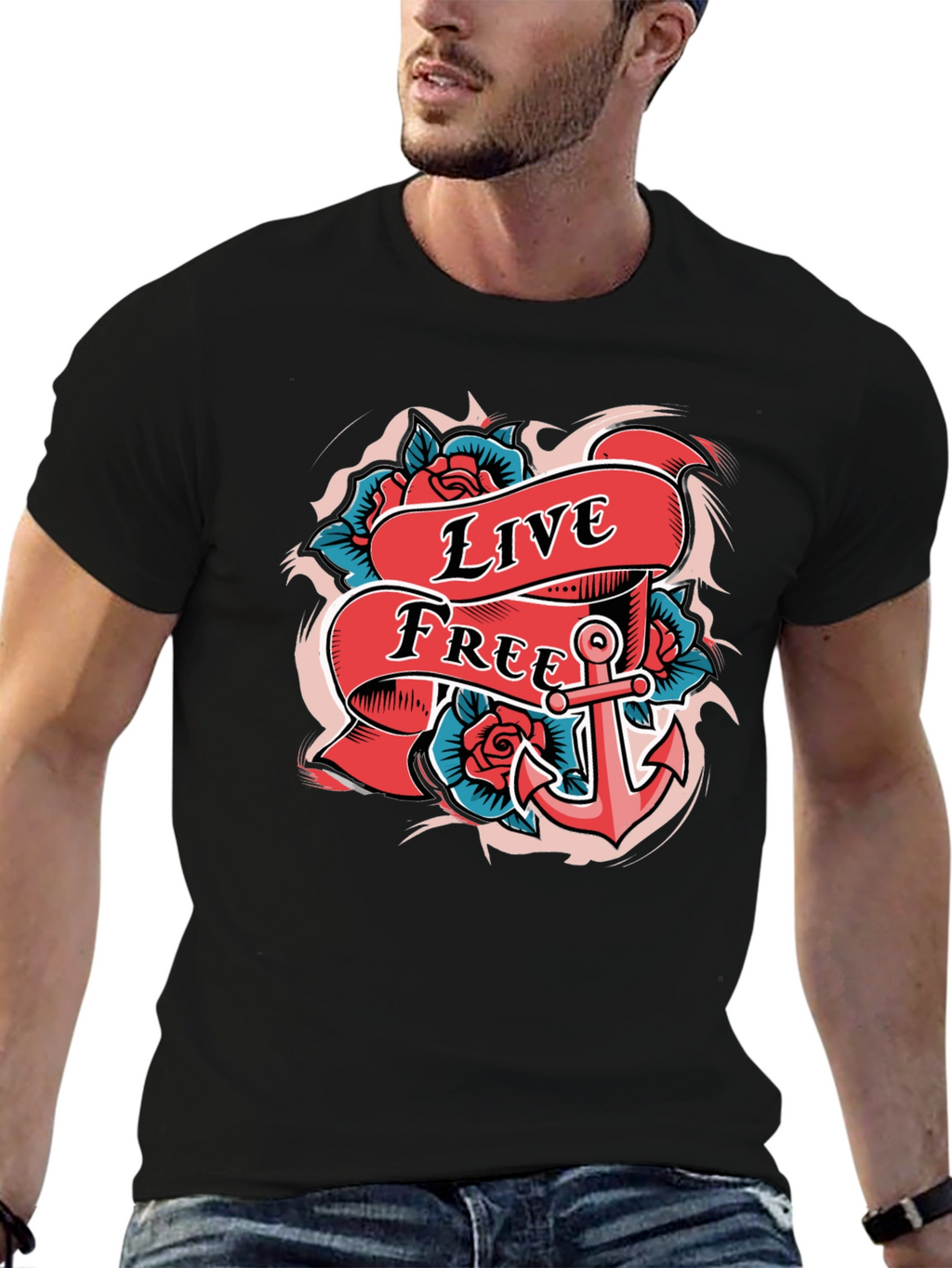 Live Free Anchor Tattoo Graphic T-Shirt