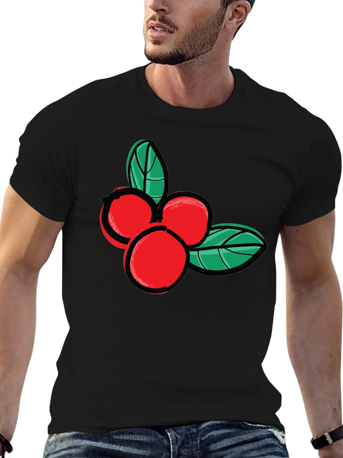 Festive Berry Graphic Tee - Black Cotton Casual Shirt