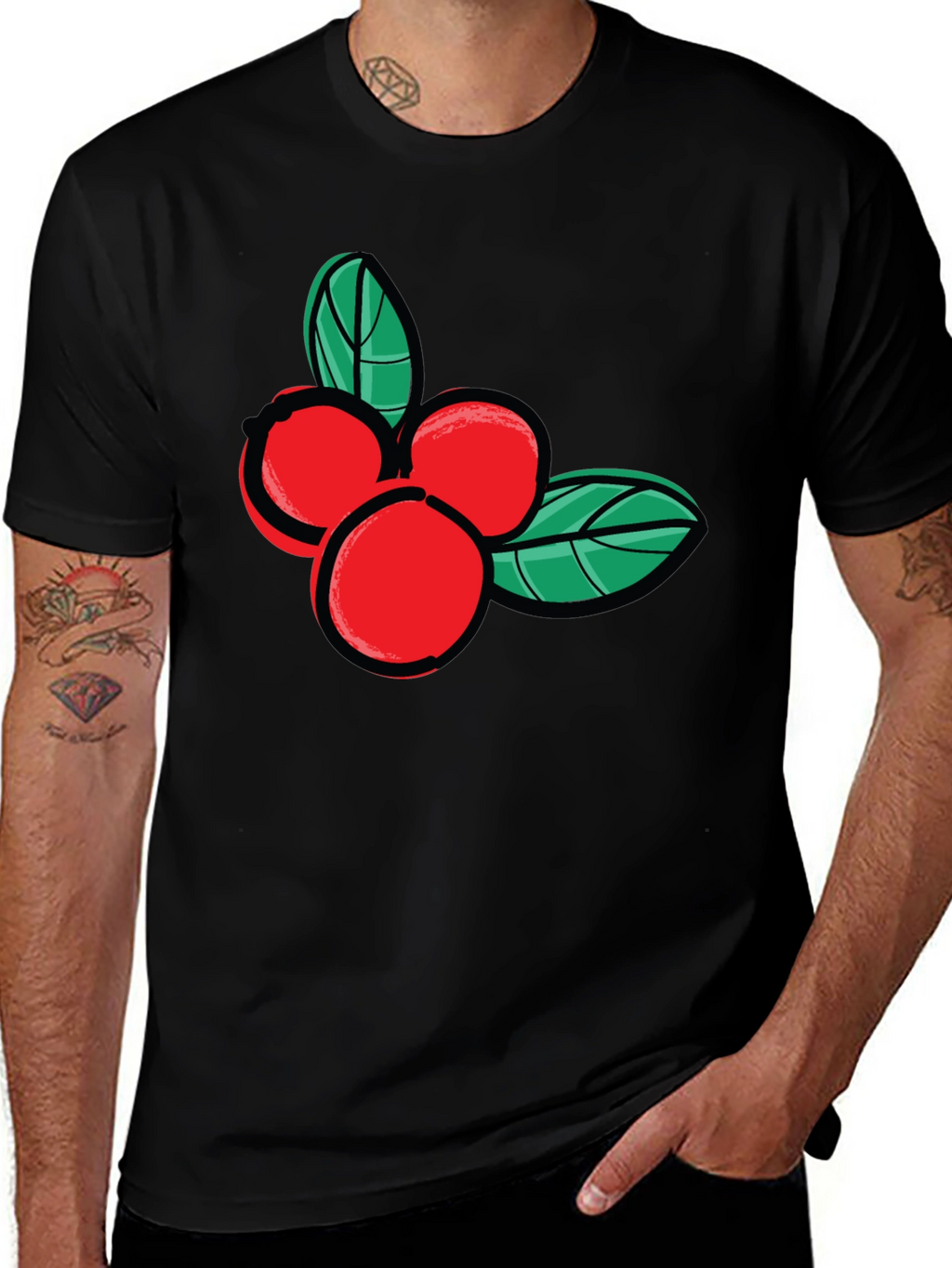 Festive Berry Graphic Tee - Black Cotton Casual Shirt