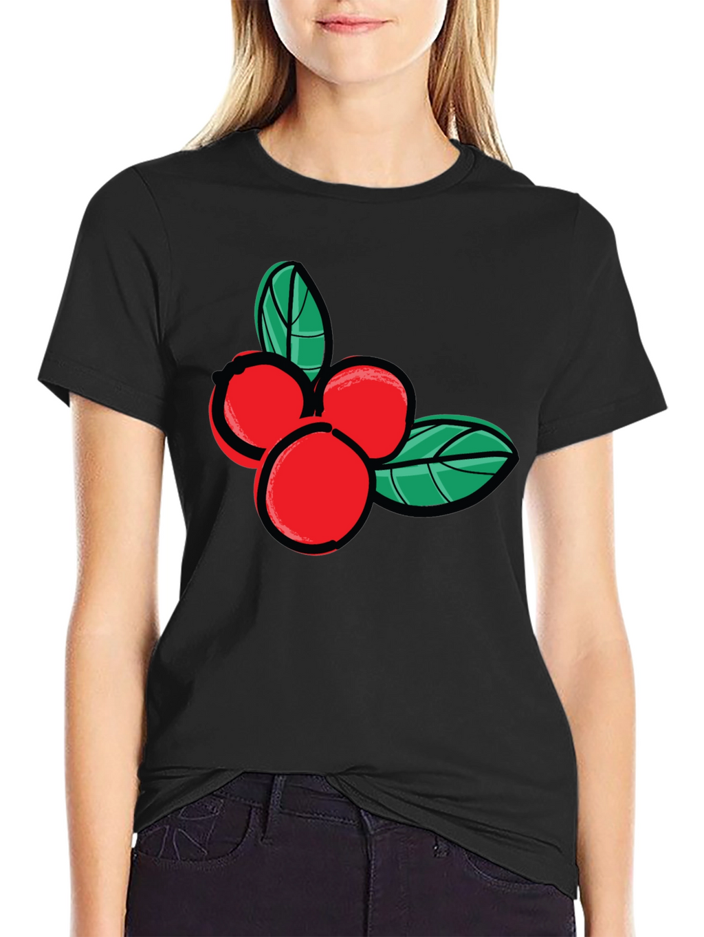 Festive Berry Graphic Tee - Black Cotton Casual Shirt