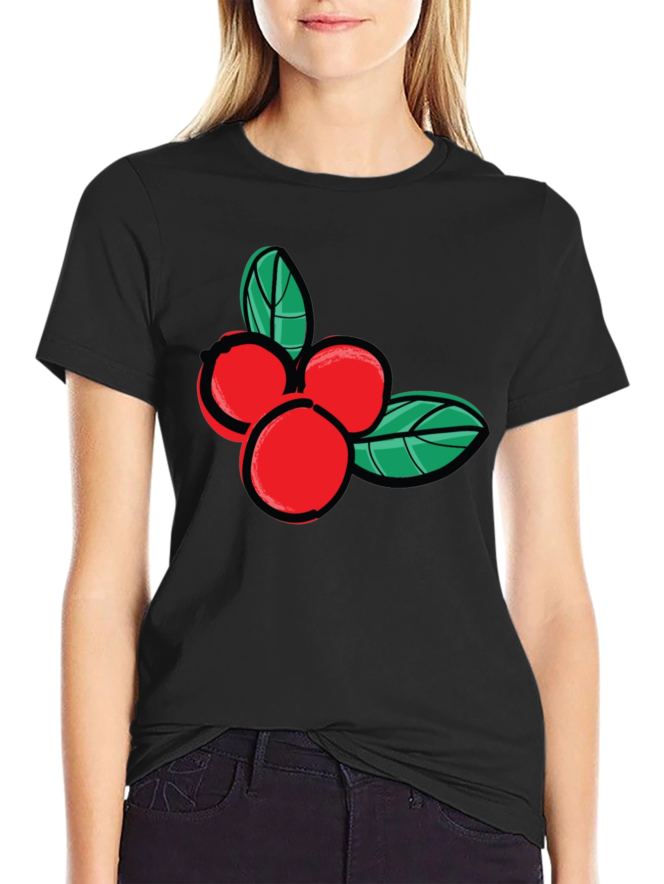 Festive Berry Graphic Tee - Black Cotton Casual Shirt
