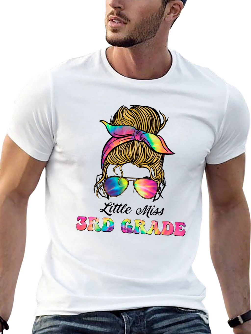 Little Miss 3rd Grade Messy Bun Tie Dye T-Shirt