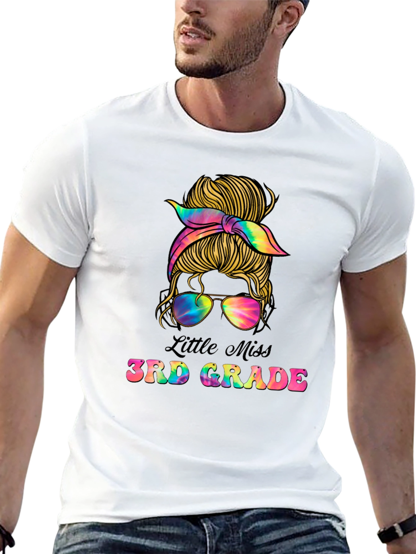 Little Miss 3rd Grade Messy Bun Tie Dye T-Shirt