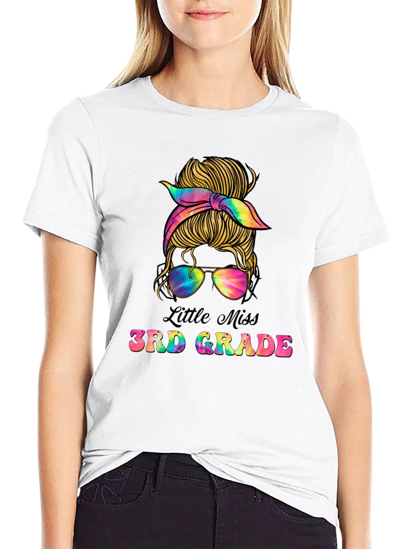 Little Miss 3rd Grade Messy Bun Tie Dye T-Shirt