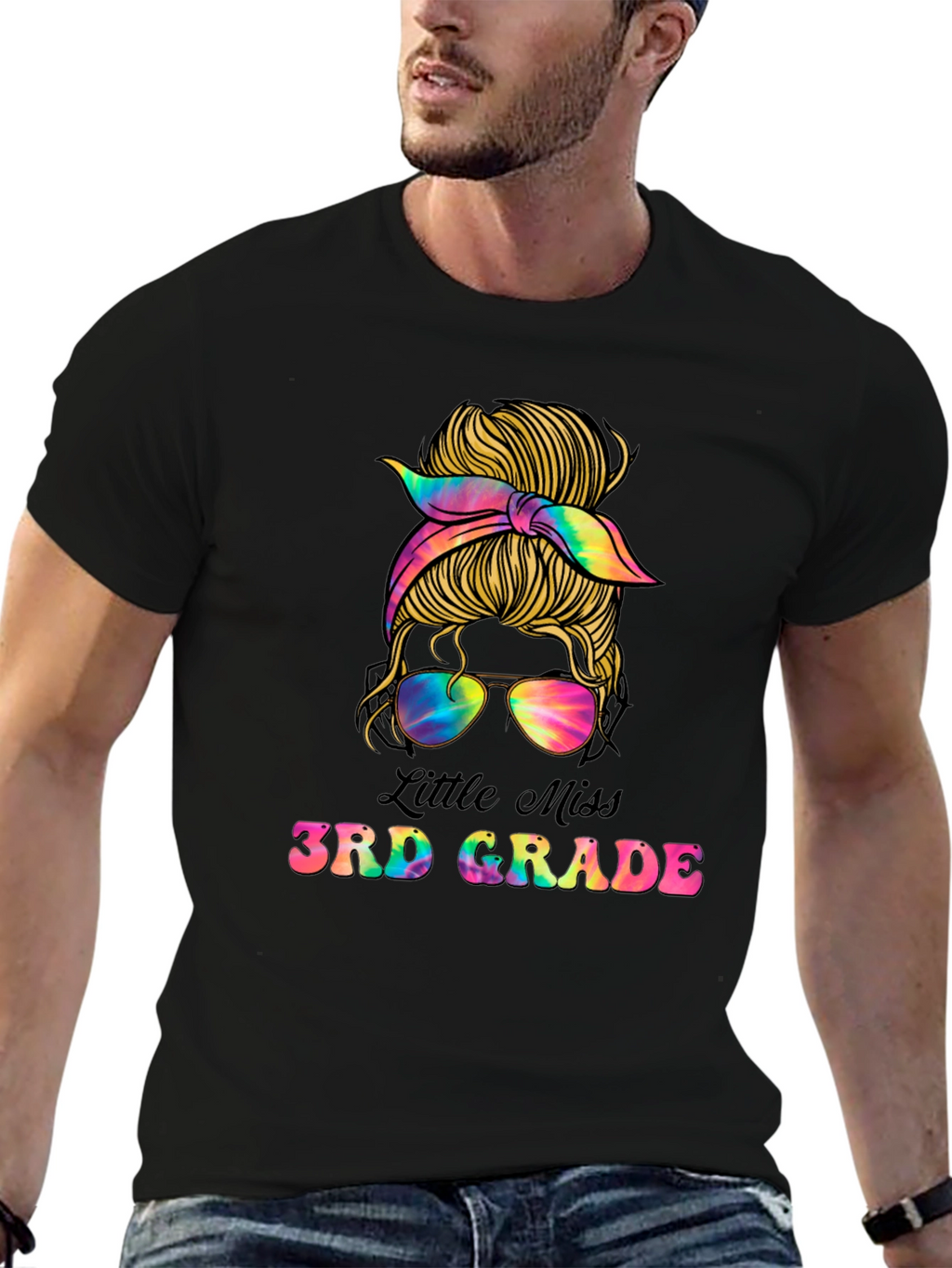 Little Miss 3rd Grade Messy Bun Tie Dye T-Shirt