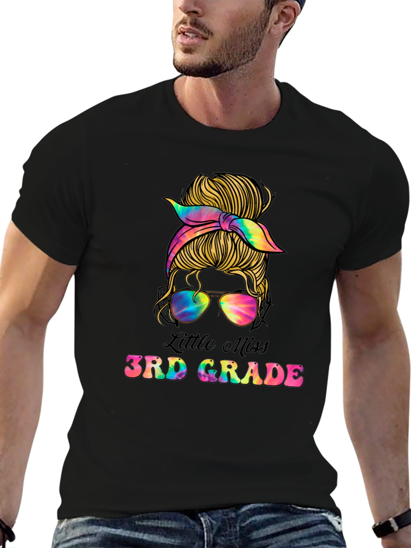 Little Miss 3rd Grade Messy Bun Tie Dye T-Shirt