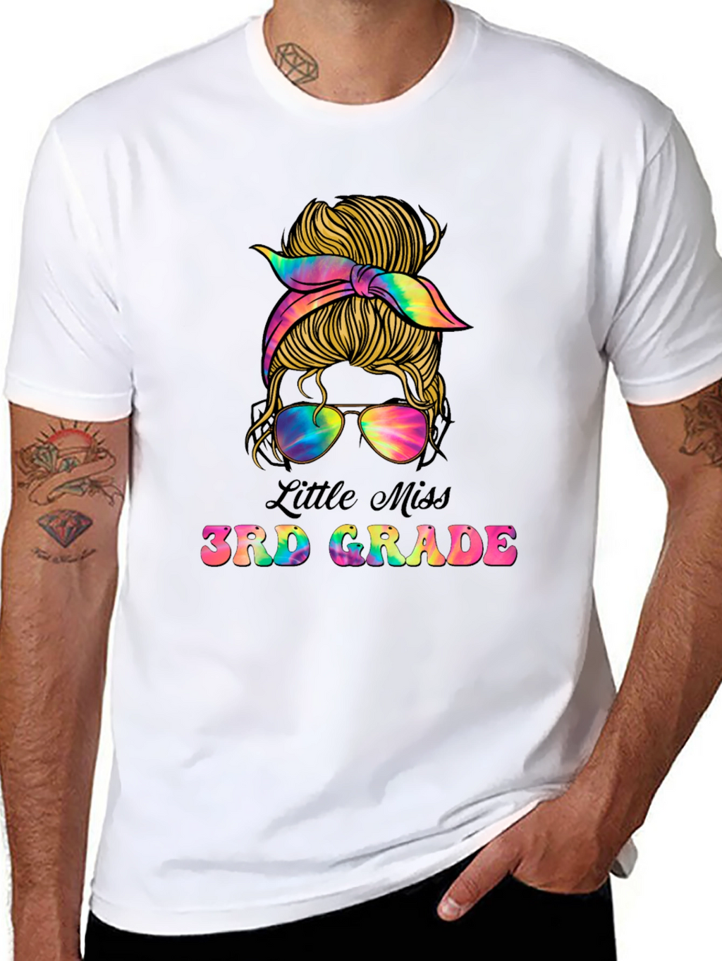 Little Miss 3rd Grade Messy Bun Tie Dye T-Shirt