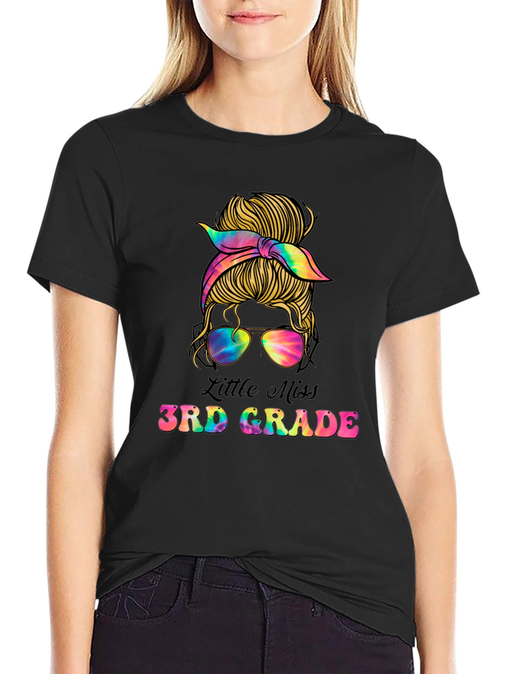 Little Miss 3rd Grade Messy Bun Tie Dye T-Shirt
